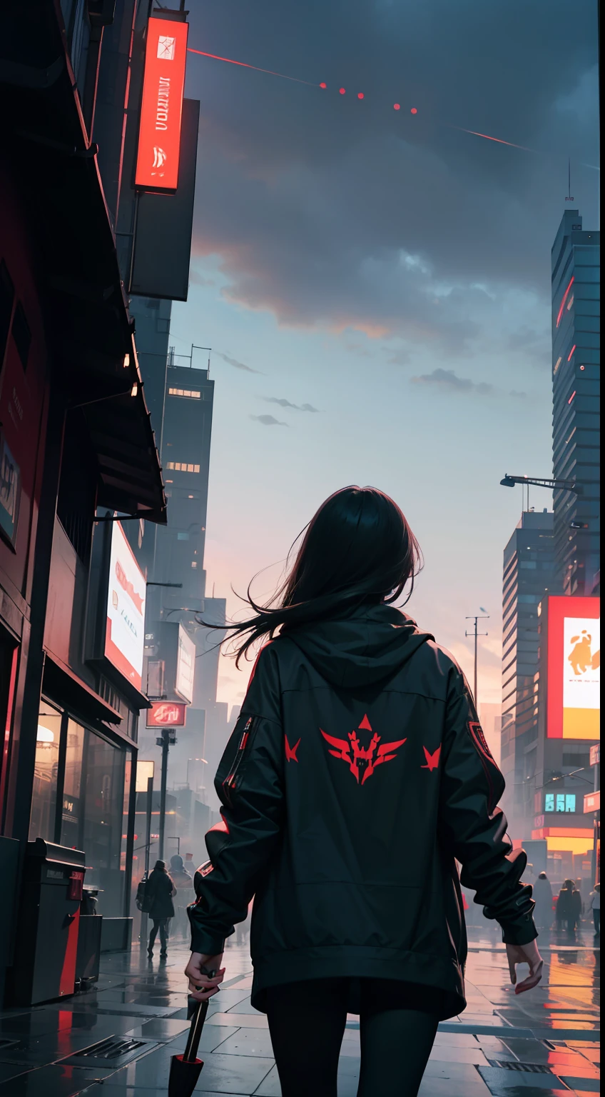 (masterpiece, best quality, high quality, highres, ultra-detailed),
cinemagraph,
1girl,back, umbrella,
cityscape, fog,
data stream,cyberpunk,