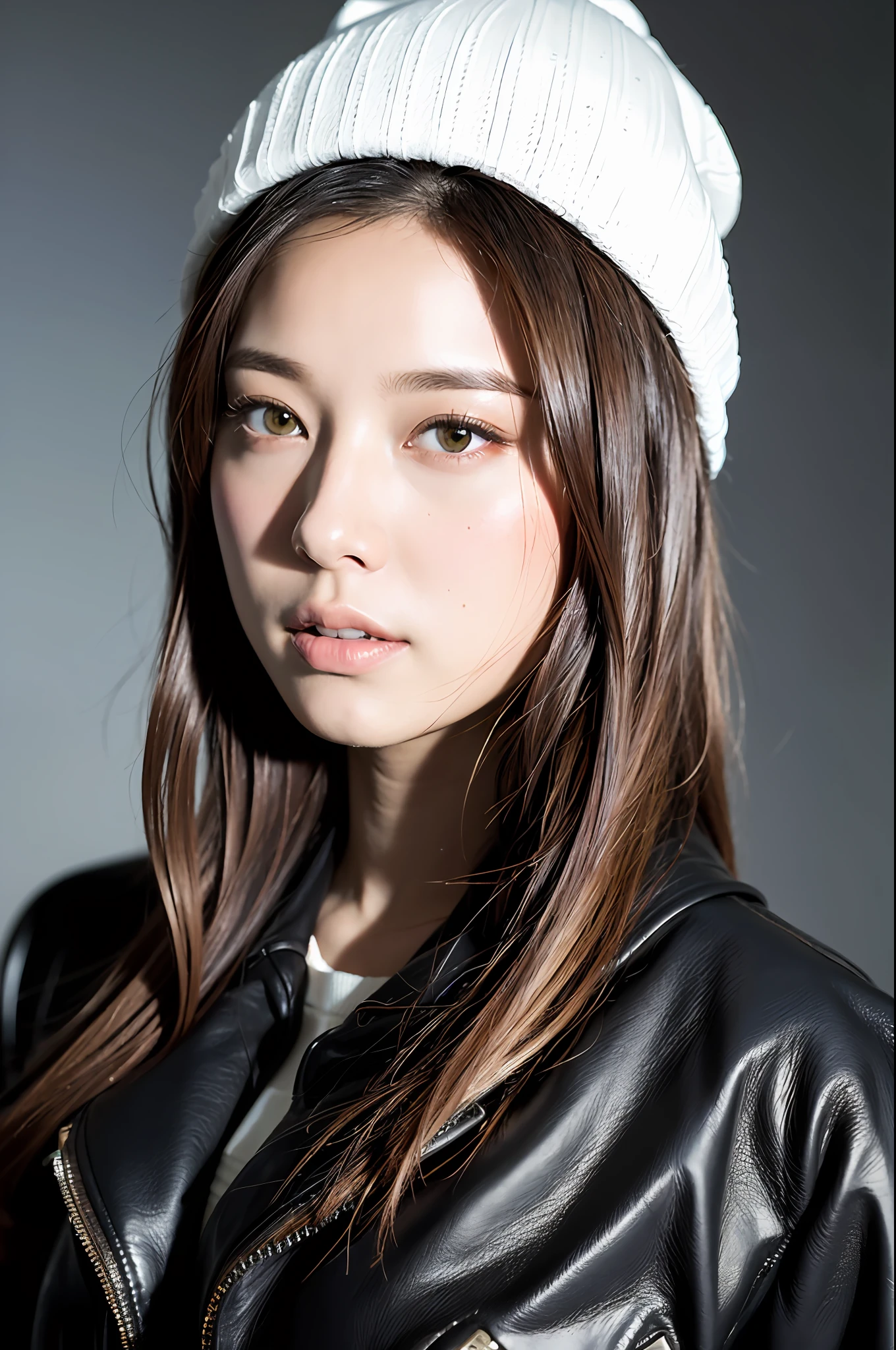 (
(8k:1.27), best quality, masterpiece, ultra highres:1.2) Photo of Pretty Japanese woman
 (beautiful:1.1) (sci-fi warrior woman:1.1) space soldier, (beanie:1.61) (leather jacket:1.21) intricate elegant, fantasy, detailed, ometric by greg rutkowski and alphonse mucha, gradient lighting