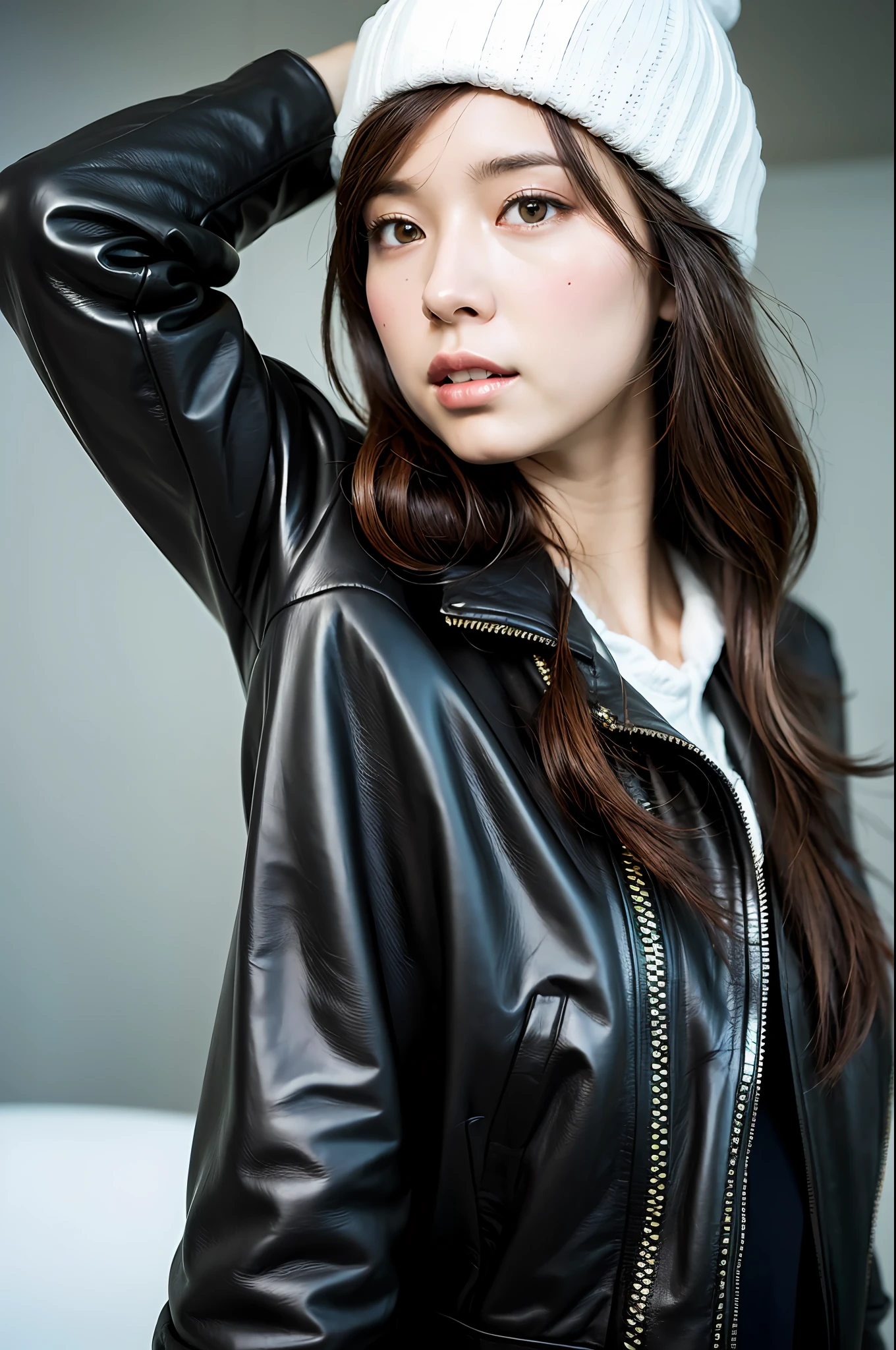 (
(8k:1.27), best quality, masterpiece, ultra highres:1.2) Photo of Pretty Japanese woman
(beautiful:1.1) (sci-fi warrior woman:1.1) space soldier, (beanie:1.61) (leather jacket:1.21) intricate elegant, fantasy, detailed, ometric by greg rutkowski and alphonse mucha, gradient lighting