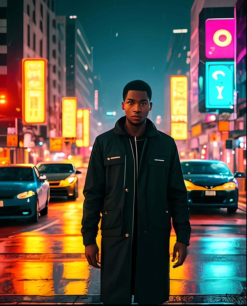 Black man, afro, social clothes black, in the middle of the street, night, tall buildings in the background, street lit, cars passing on the street, raining, realistic, masterpiece, dynamic posture, neo-noir, cyberpunk, neon, best quality, aesthetic, movie god, 4k.