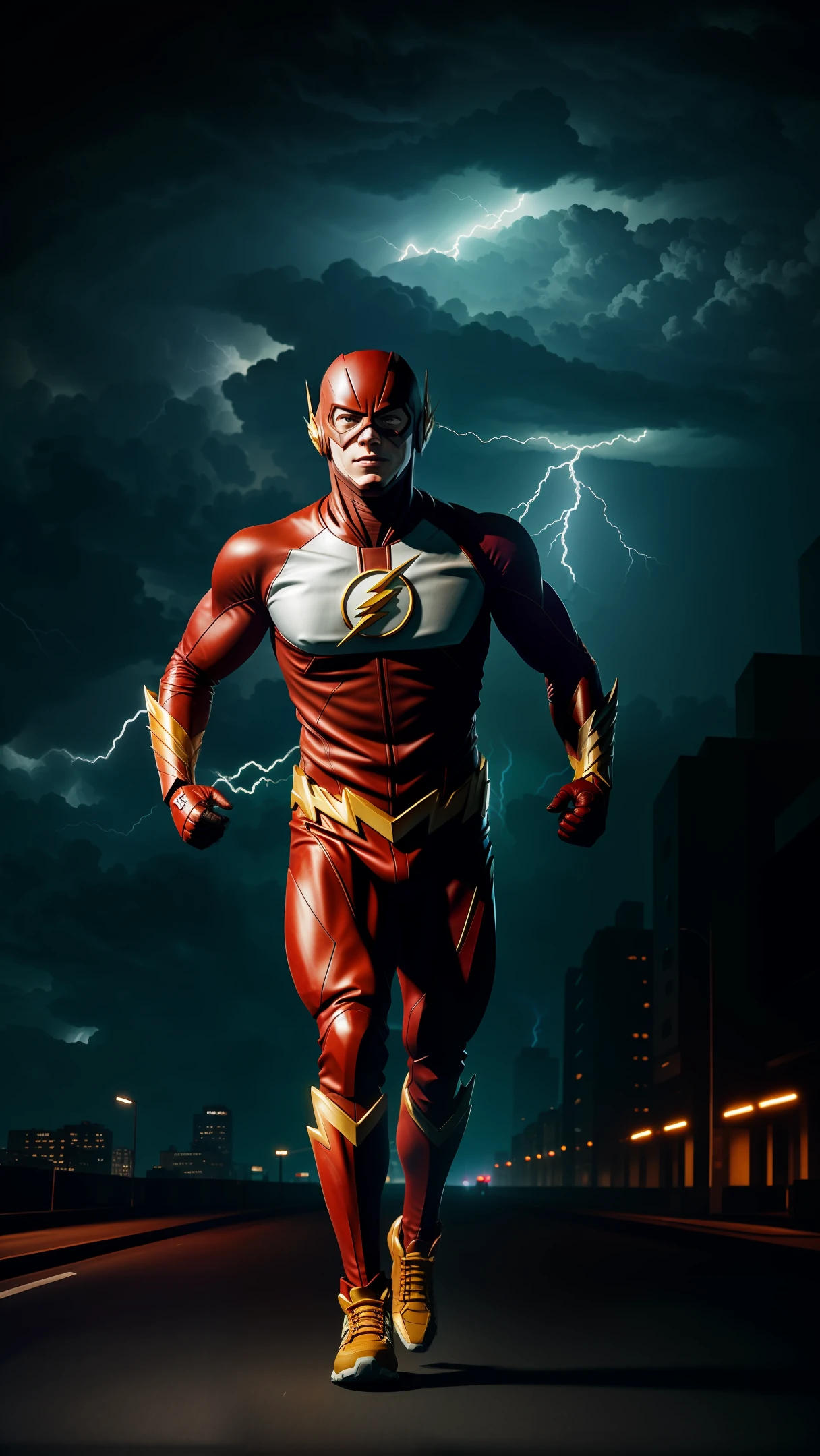 the flash , white and golden armor, invoked mask,glowing red eyes, bodybuilder, running, in the background a city, lightning in the sky, ultra details, ultra realistic, cinematic , octane render, 16k