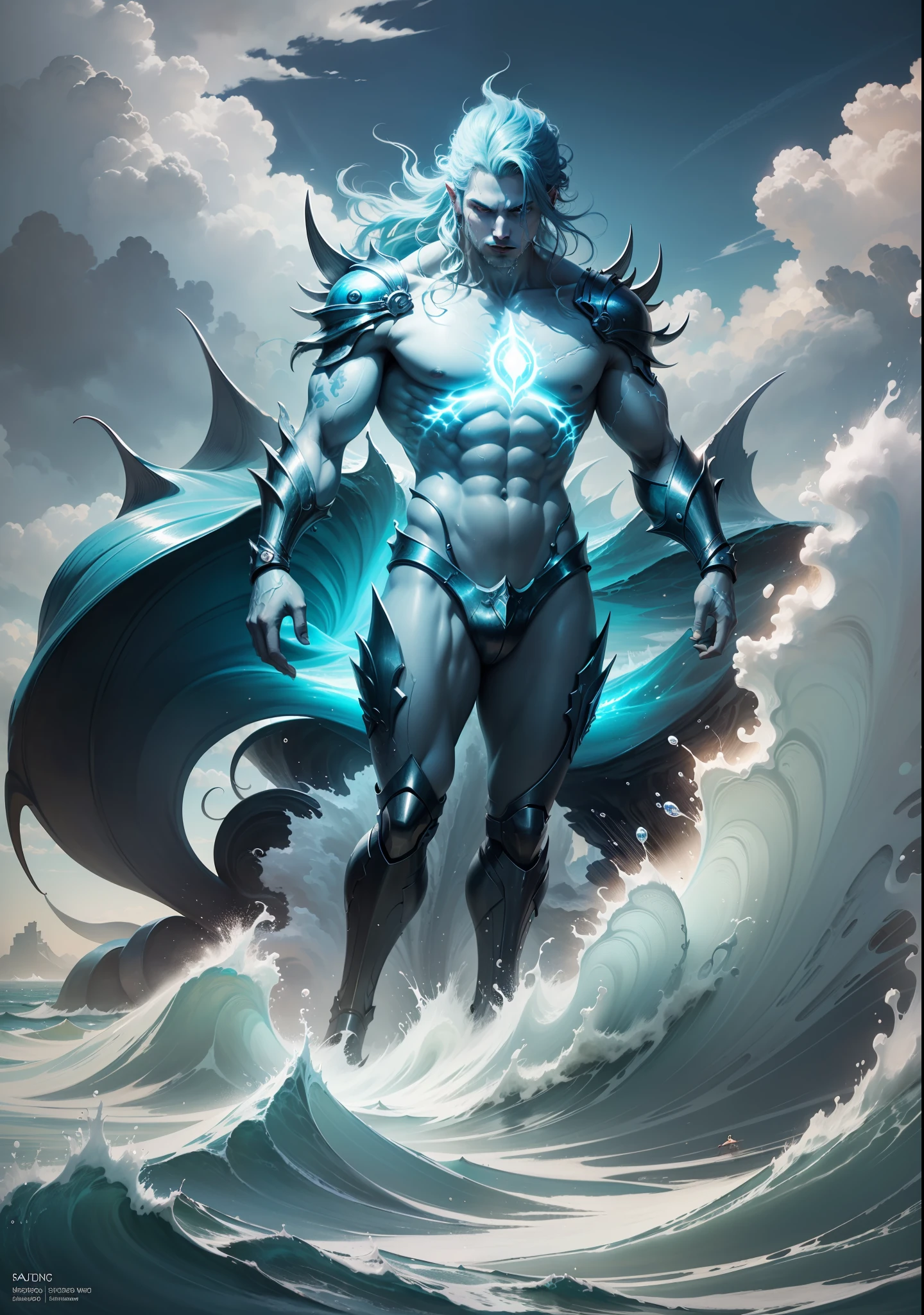 4k realism, (water element, humanoid body made of water: 1.2) sapphire aesthetic, full body, sky background, fantasy art, made of water, body of water, monster, male, male element, masculine, double exposure of otherworldly seascape, fused with the image of Neptune's trident piercing the surface of the water, creating dramatic energy and waves, palatial figures of gods towering in the background, evoking a sense of power and control over the power of the sea, illustrations, digital art