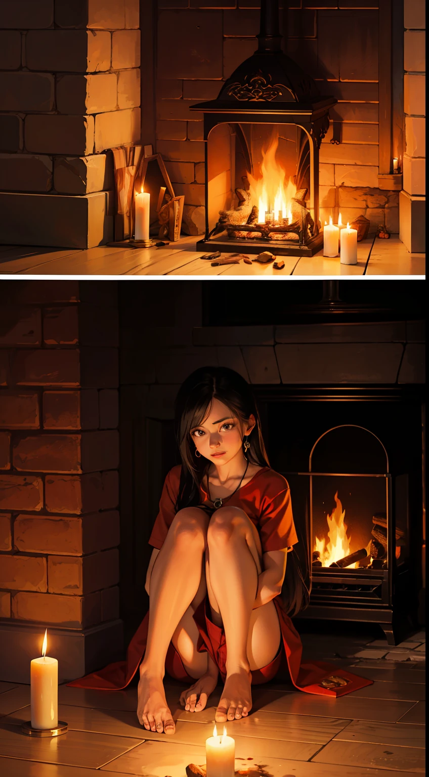 fire, fireplace, flame, candle, sunset, burning, explosion, 1girl, candlelight, torch, black_hair, campfire, molten_rock, orange_sky, long_hair, evening, barefoot, candlestand, lips, solo, lamp, jewelry