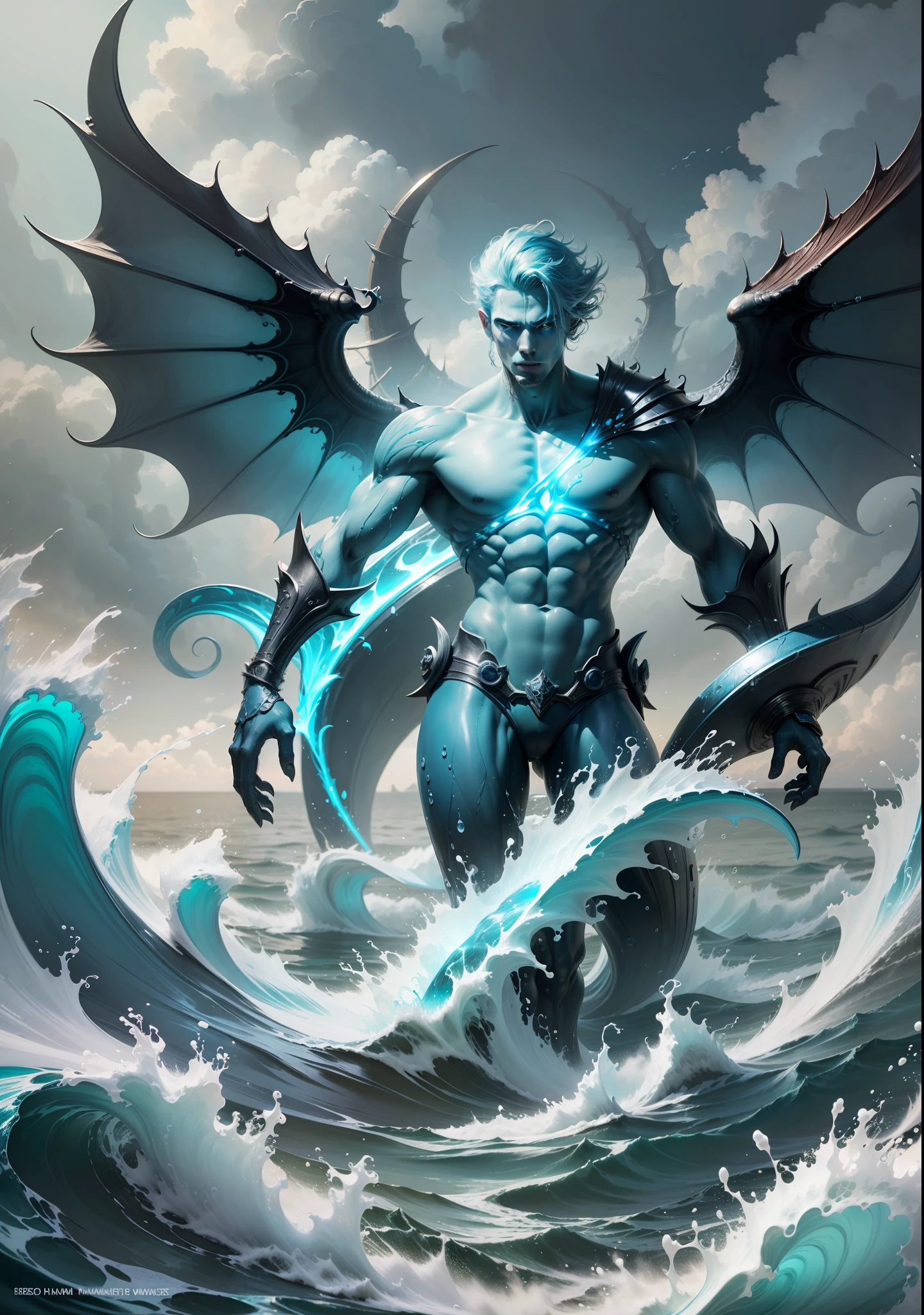4k realism, (water element, humanoid body made of water: 1.2) sapphire aesthetic, full body, sky background, fantasy art, made of water, body of water, monster, male, male element, masculine, double exposure of otherworldly seascape, fused with the image of Neptune's trident piercing the surface of the water, creating dramatic energy and waves, palatial figures of gods towering in the background, evoking a sense of power and control over the power of the sea, illustrations, digital art