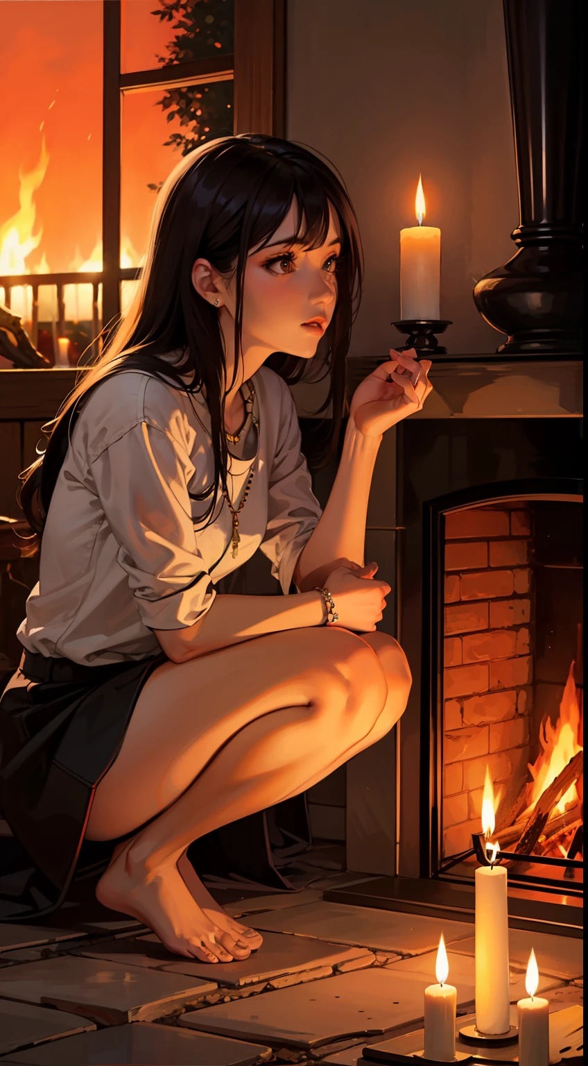 fire, fireplace, flame, candle, sunset, burning, explosion, 1girl, candlelight, torch, black_hair, campfire, molten_rock, orange_sky, long_hair, evening, barefoot, candlestand, lips, solo, lamp, jewelry