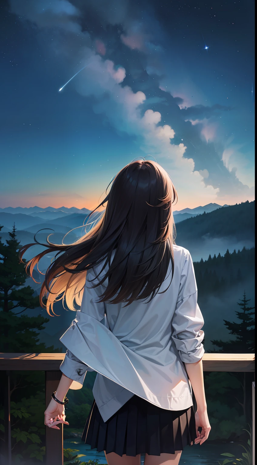 1girl, from behind, (( mountain_top, rivers, night_time, stars, forest, beautiful, nature ))