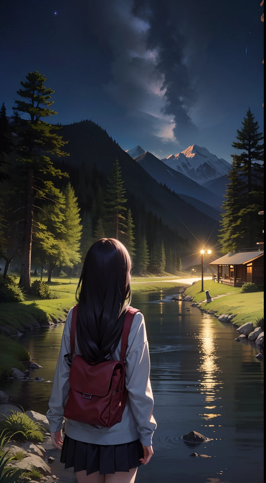 1girl, from behind, (( mountain_top, rivers, night_time, stars, forest, beautiful, nature ))