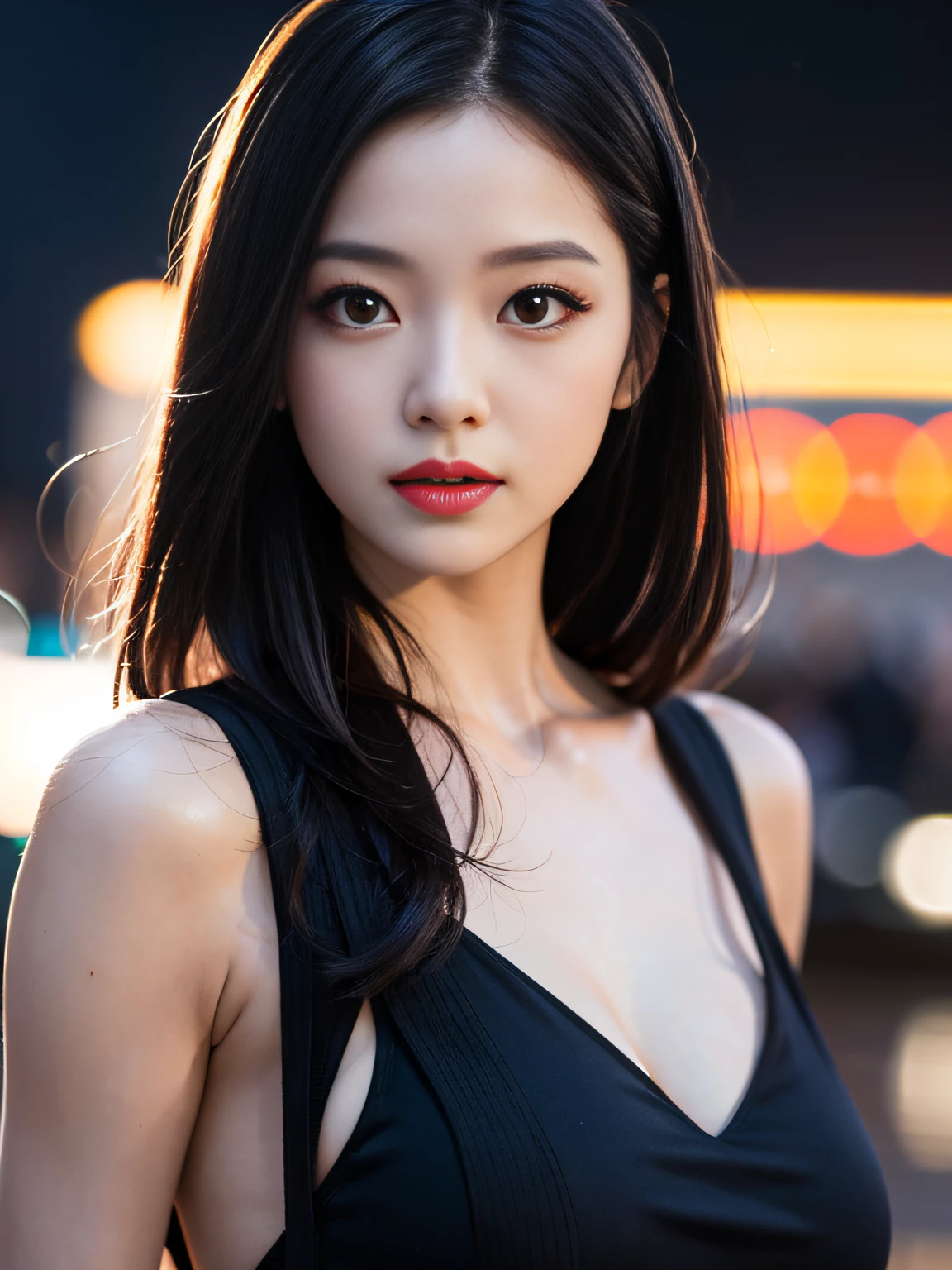 A girl, long hair, half picture, city, future, science fiction, black silk, shorts, night scene, midnight, blue light, neon, night, face close-up, delicate features, beautiful girl, beauty, charming,fashi-girl,red lips,realistic,makeup,