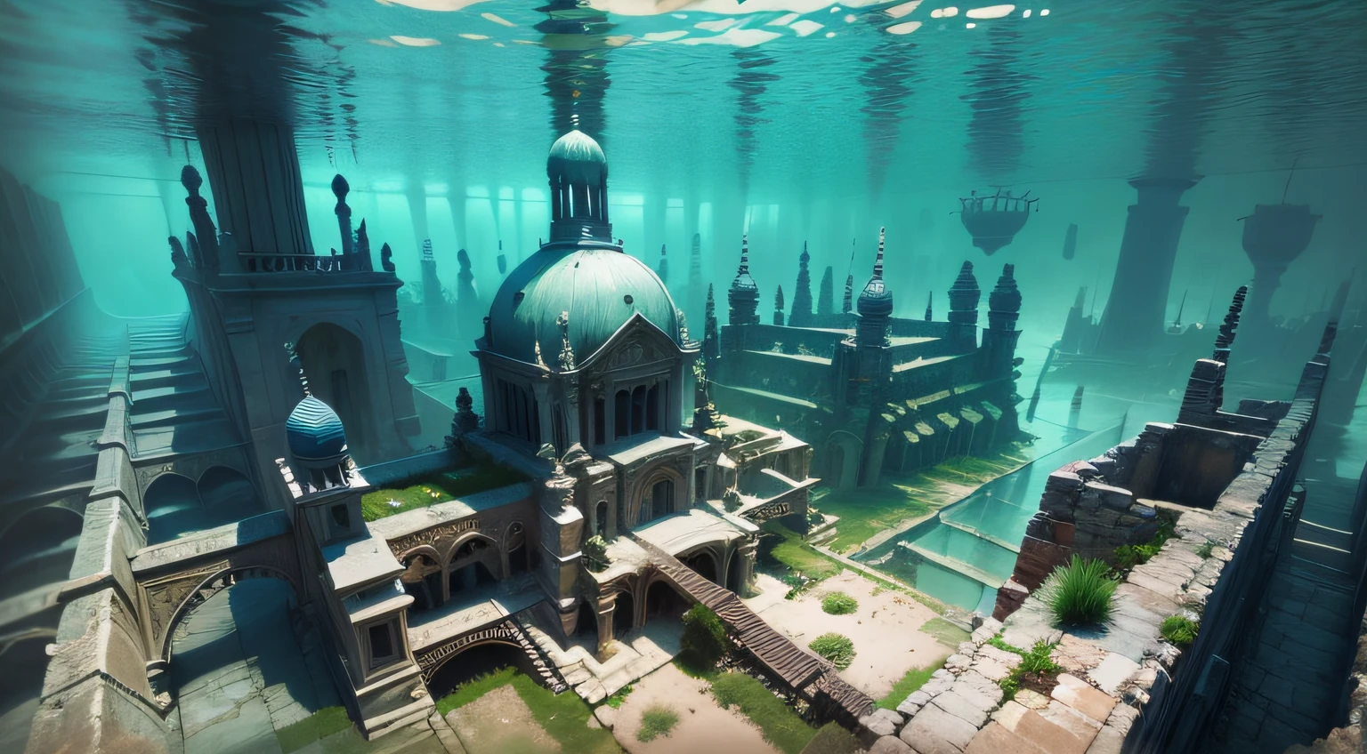 beautiful ancient city underwater, high quality, high definition