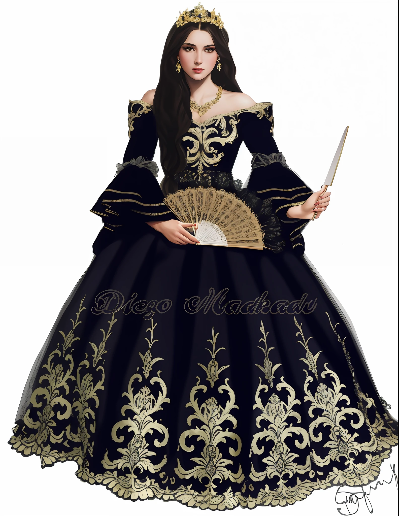 Realistic digital drawing, realistic Baroque style drawing, elegant drawing, a closeup of a woman in a black dress holding a fan, inspired by Francisco de Burgos Mantilla, an elegant Gothic princess, render of mirabel madrigal, inspired by Chica Macnab, dressed in a medieval lace, Gothic regal, Baroque digital painting, digital art of an elegant, inspired by Dionisio Baixeras Verdaguer