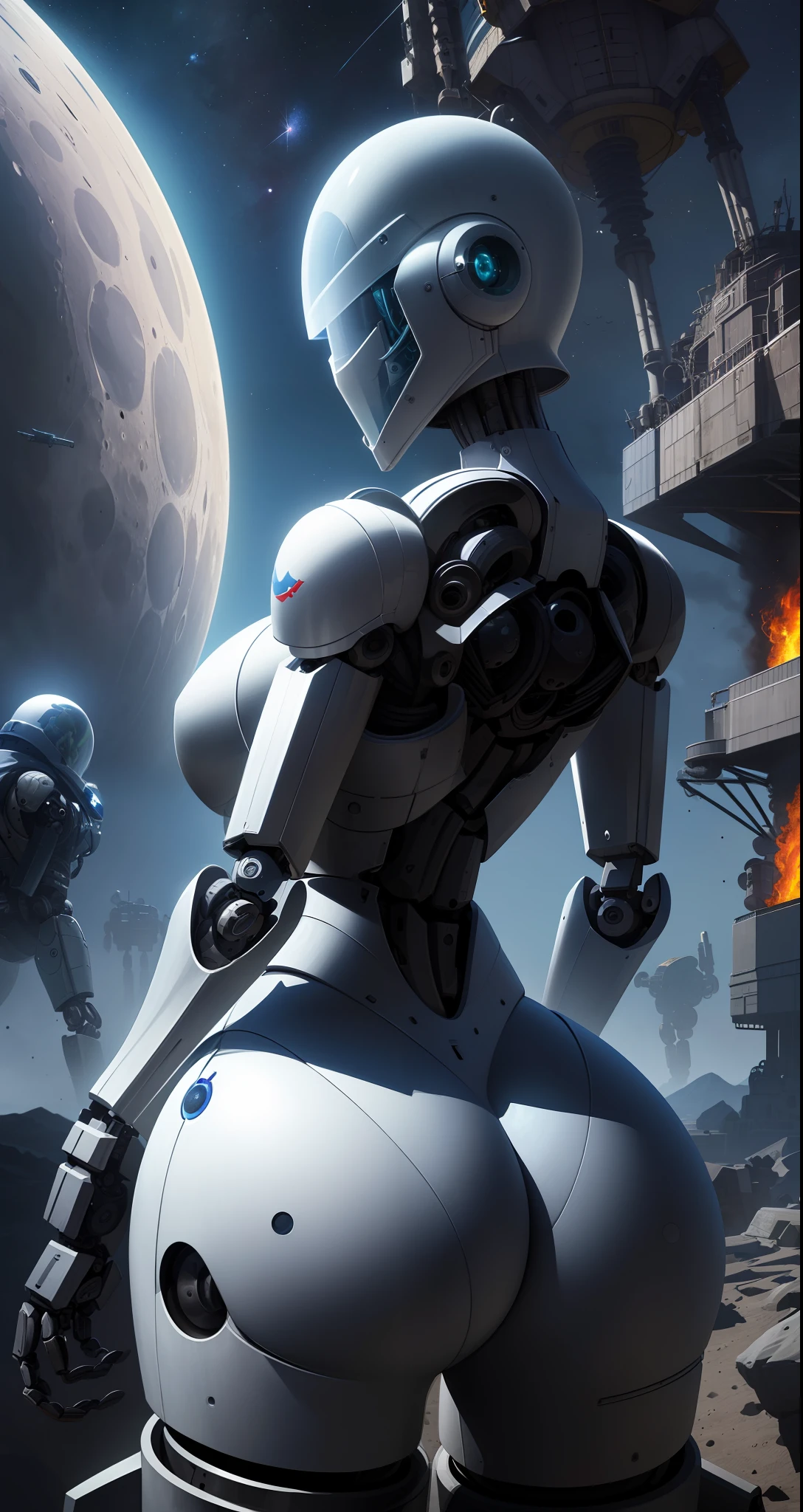 (Masterpiece, Best Quality:1.4), (Highres), (Hyper Detailed:1.4), (Digital Art:1.2), 4K,

Outdoors, (Space:1.2), (On Moon:1.2), 

1Girl, Solo, Standing, (Robot:1.2), (Upper Body:1.2), From Behind, Looking Back, Looking at Viewer, 

(Curvy:1.4), Huge Ass, 

(Mechanical Arms:1.4), Mechanical Legs, Huge Pauldrons, Mechanical Parts, (Black Visor:1.2), (Helmet:1.4),