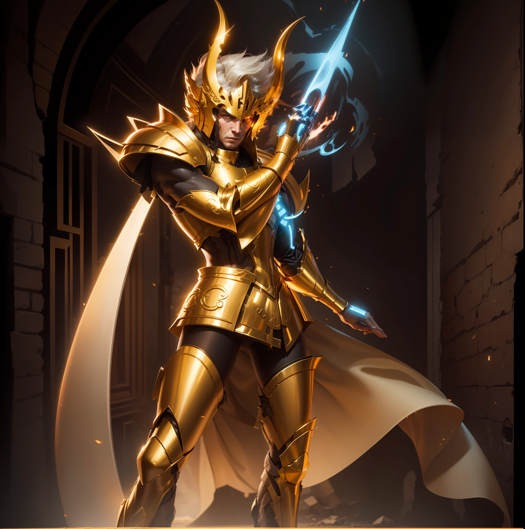 1 man, real skin, golden armor, Realistic art, 16K, detailed, cinematic, illuminated environment in the ruins of Greece