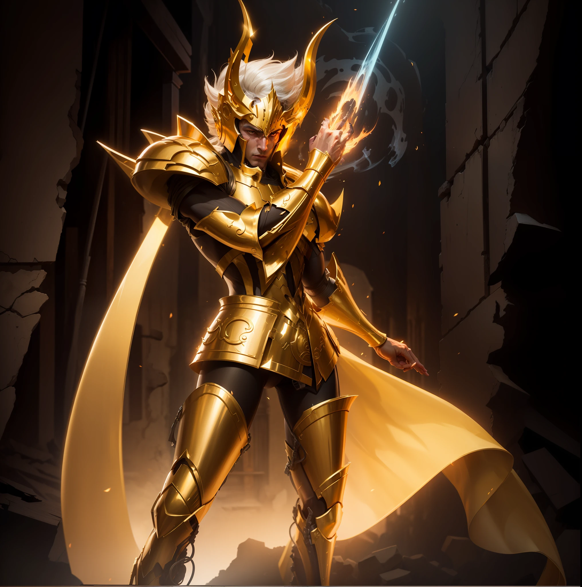 1 man, real skin, golden armor, Realistic art, 16K, detailed, cinematic, illuminated environment in the ruins of Greece