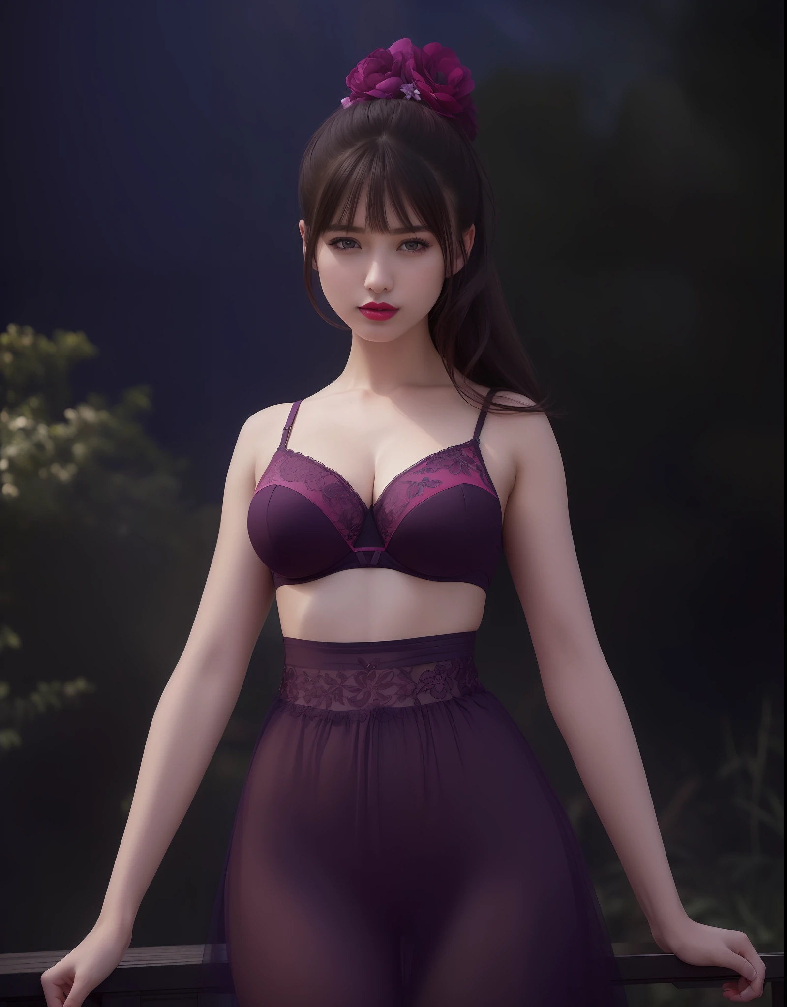 (masterpiece, best quality, extremely detailed 8k, ultra hd, ultra-detailed, highly detailed, highly realistic, ultra-realistic, photo realistic), (1girl:1.5), (detailed realistic skin), (realistic big breasts), (pink lipstick), slender abs,