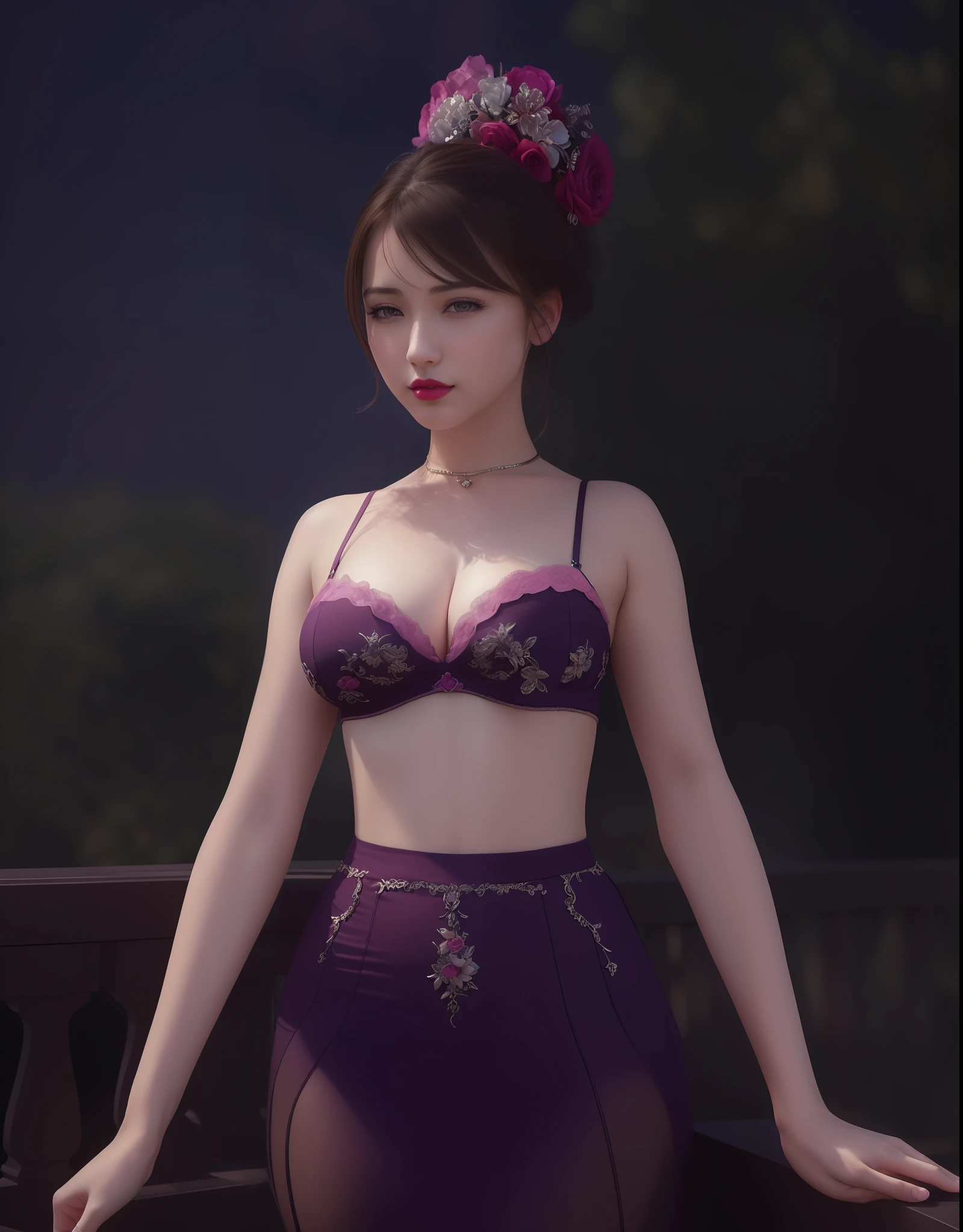 (masterpiece, best quality, extremely detailed 8k, ultra hd, ultra-detailed, highly detailed, highly realistic, ultra-realistic, photo realistic), (1girl:1.5), (detailed realistic skin), (realistic big breasts), (pink lipstick), slender abs,
