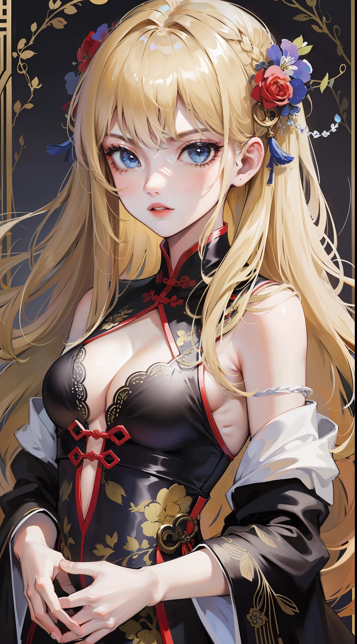Adult girl, long blonde hair with white strands, blue eyes, black Chinese clothes, serious look, masterpiece, high quality