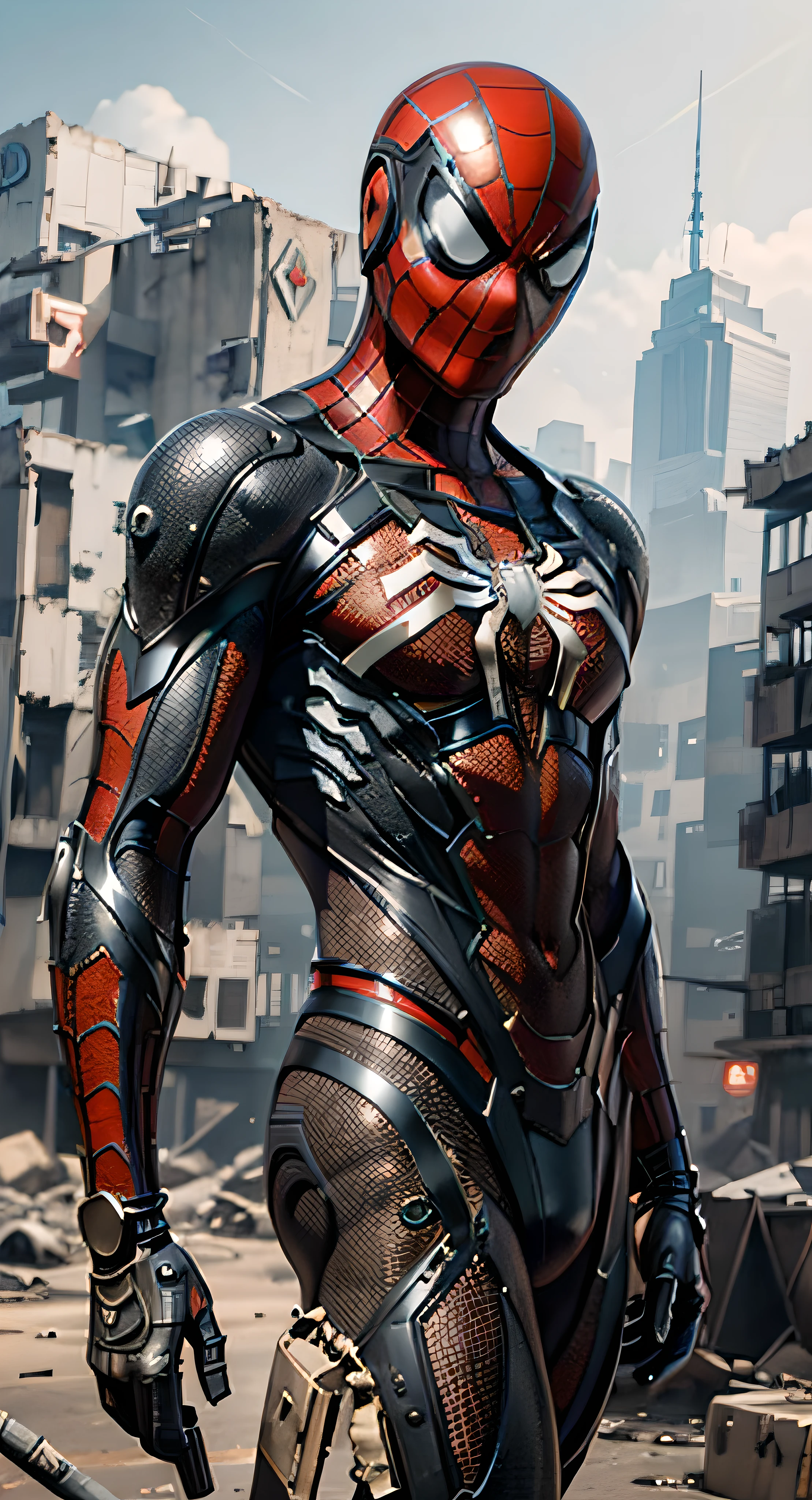 Cyberpunk, Mechanical, Wasteland, Sci-Fi, Spider-Man, Black, Armor, Armor, Bust, Close-up, Weapon, Horror, Dark Fantasy, Evil, Depth of Field, Realistic