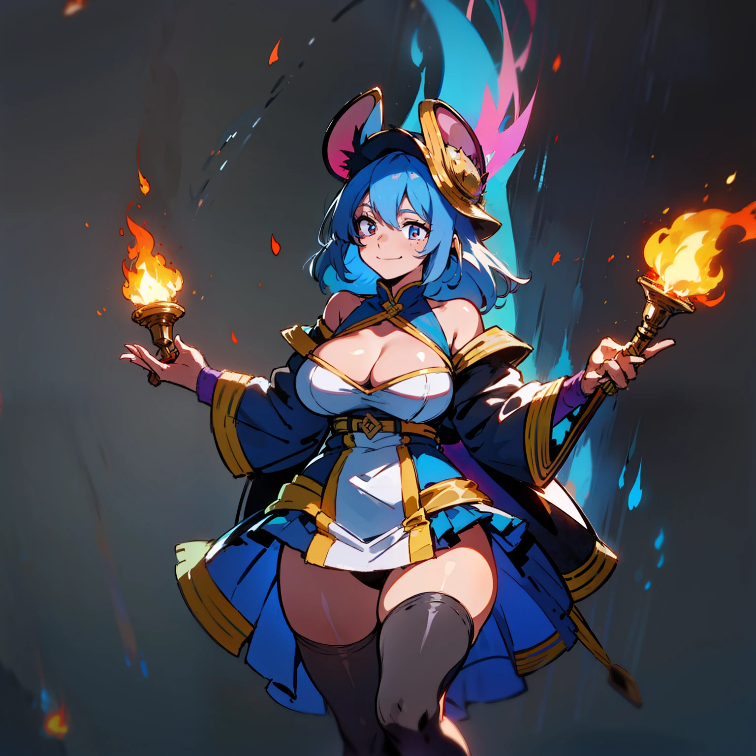 dark skin, innocent smile, insane smile, court jester's hat, court jester's dress, big thighs, blue mouse ears, blue mouse tail, blue hair, dark skin, mouse ears, Alone, happy look, excited look, closed mouth, calm look, Big breasts, holding torch with rainbow flames, 1 girl, dark skin tone, adult,  tall, standing up, white eyes, bright eyes, high detail, battered clothes, medium bust, burnt clothes, blue mouse ears, background fire, full body