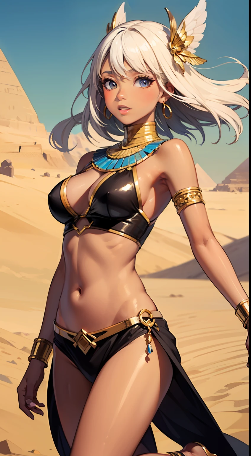 ((masterpiece)), (((best quality))), ((ultra-detailed)), ((illustration)), dynamic angle,desert,gold earrings,hair ornament,stomach tattoo,dark skin,shiny skin,Happy,white hair,Jumping,1girl,dancer,egyptian,
