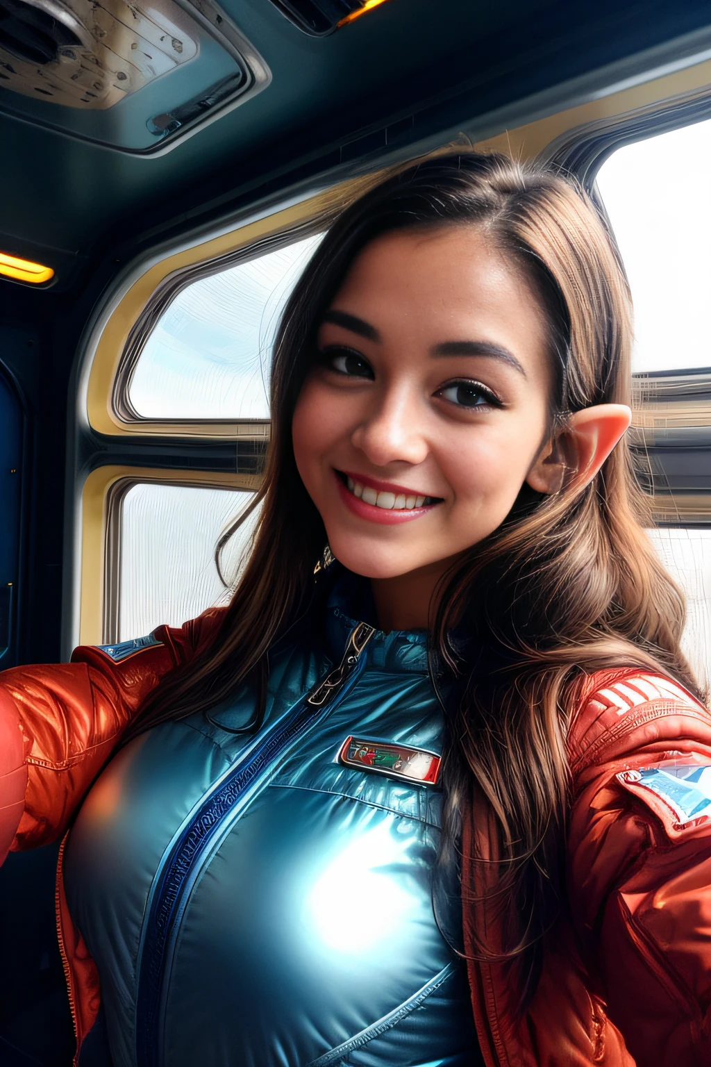 1 elf alien woman, (extra-terrestrial) hot, silky skin, long hair, full breasts ((upper body selfie, happy)), masterpiece, best quality, ultra-detailed, solo, outdoor taking selfie from inside a spaceship, (hatches, windows showing space), (background accentuated depth of field, intricate details), cheerful, smile (showing teeth), happy, light clothing, sexy astronaut outfit, contrast, clear sky, style, (warm hue, warm tone): 1.2), close-up, cinematic light, side lighting, ultra high resolution, best shadow, RAW, upper body.