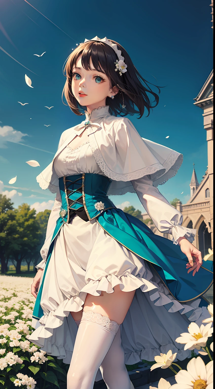 1girl, ((white flowers)), gothic victorian architecture, watercolor (medium), colored pencil (medium), aesthetic, intricate, detailed background, looking_at_viewer, Sayaka Miki, (girl wearing an intricate \(long teal victorian dress):1.2), (walking in white flower garden), casual pose, posing, ((white capelet)), bustle, corset, ruffles, lace, petticoat, hoop skirt, puff sleeves, water, water droplets, pearls, outdoors, (white flower petals), (teal dress), sky, (white thigh-high), straight hair, hair spread out, floating hair, white hairband, aqua eyes, best quality,