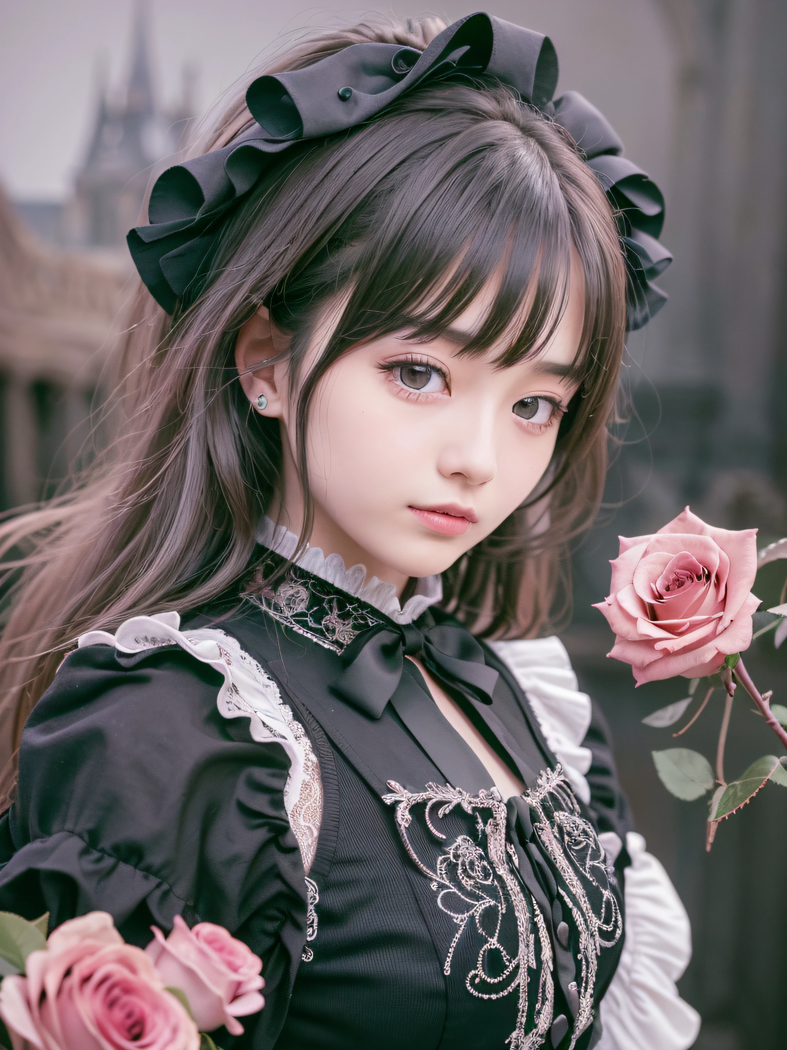 1 nogizaka girl, utterly cute, bishojo, ((yo)), (gothic lolita fashion), an exquisitely detailed and beautiful face and eyes and skin, detailed black shine hair, elegant frills, frilled tie, ribbon tie, rose hair accessory, smile at the camera, cowboy shot, (castle in europe), professional lighting, (realistic, photo-realistic:1.37), 8k, (masterpiece), (best quality:1.4), (ultra high res:1.2), (RAW photo:1.2), (a dress with delicate lace, soft fabric, and a beautiful rose pattern), perfect anatomy, 4fingers and 1thumbs, ultra detailed background, (unity 8k wallpaper)