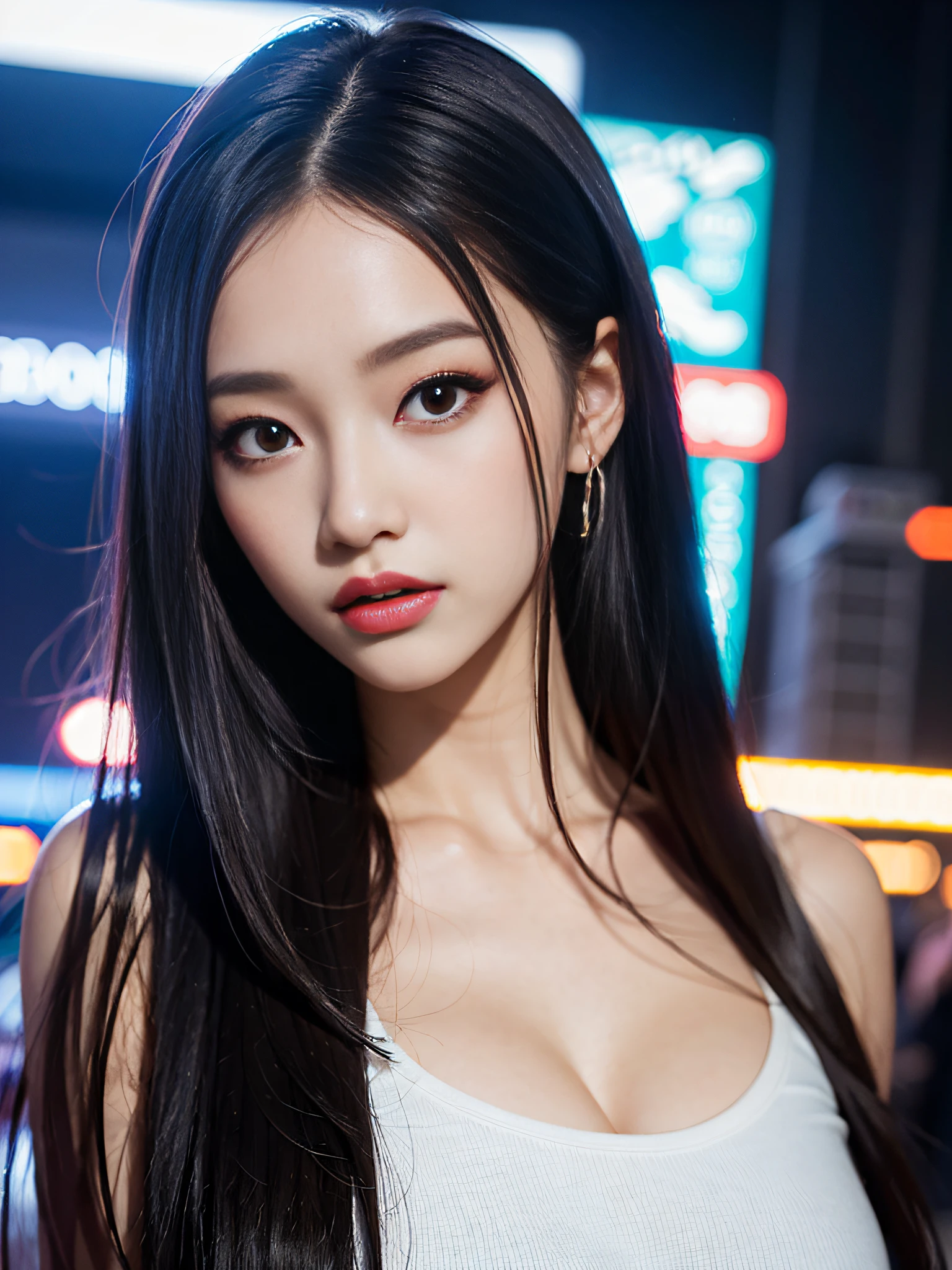 A girl, long hair, half picture, city, future, science fiction, black silk, shorts, night scene, midnight, blue light, neon, night, face close-up, delicate features, beautiful girl, beauty, charming,fashi-girl,red lips,realistic,makeup,