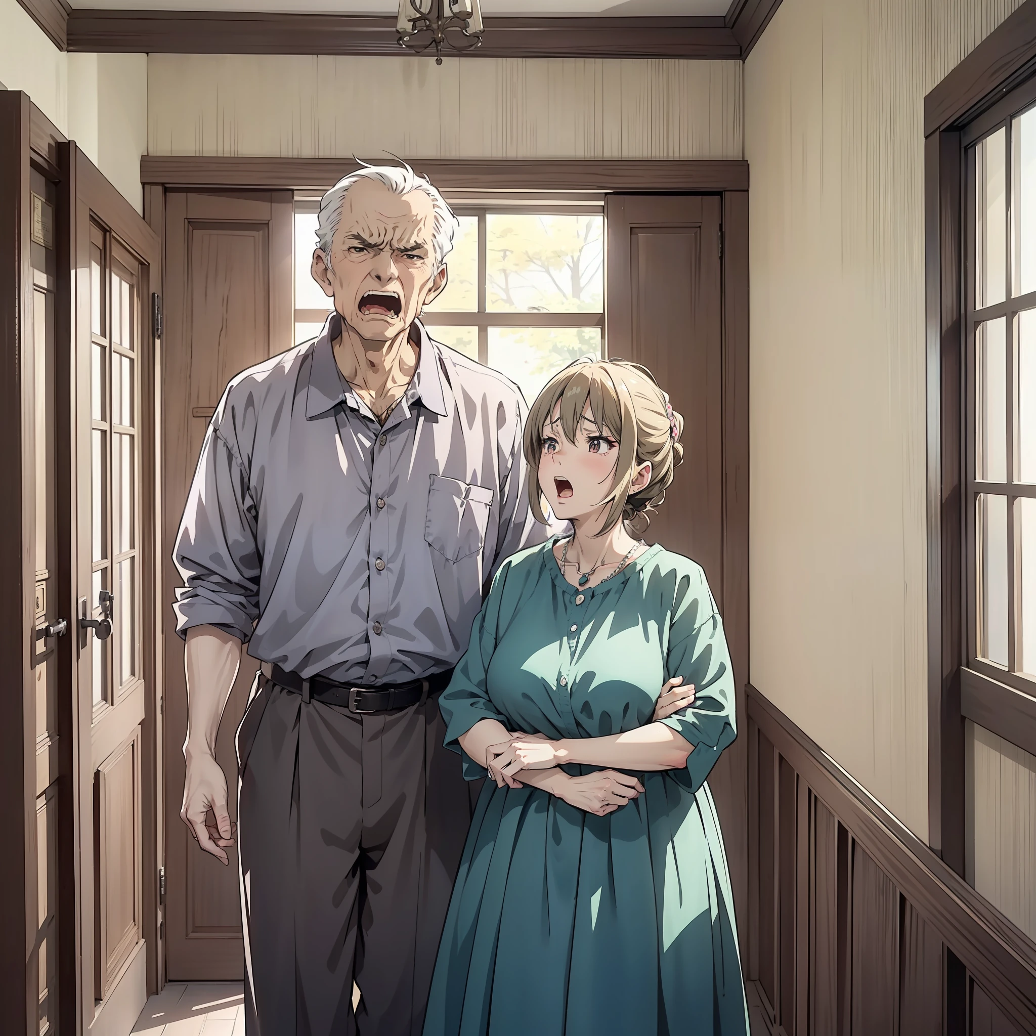 In a village room, an old couple stands side by side in the room and speaks angrily, (old couple 1.5) (open mouth yelling 1.5) (angry expression 1.5) (background is in the village room) anime style 4 K, anime rendering, anime style. 8K, upper body display 1.5) (cinematic light 1.5) (senior 1.5)