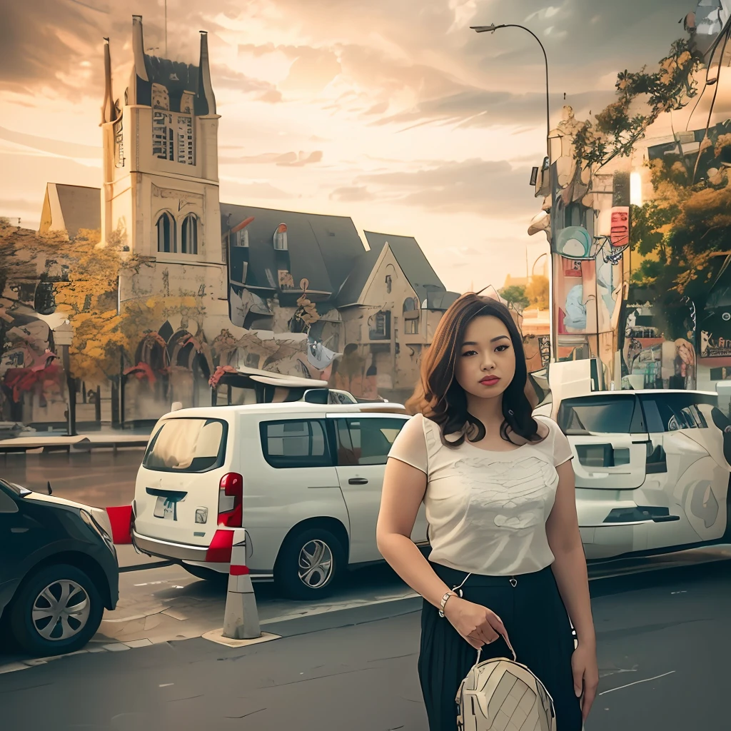 There is a woman with wings standing on the sidewalk, have wings on woman, woman have wings as an angel, (details are super exquisite realistic wings:1.4),(Digital art:1.4), Fantasy creature, non-human, fantasy realistic style, film shooting, (Octane rendering:1.4), professional photography, realism, marilyn church, cathedral in the background, church in the background, standing in a city center, dang my linh, on a bright day, in city street, city, dramatic lighting, sharp, details, looking at viewer, detailed skin texture, beautiful detailed face, ultra detailed, intricate details,
