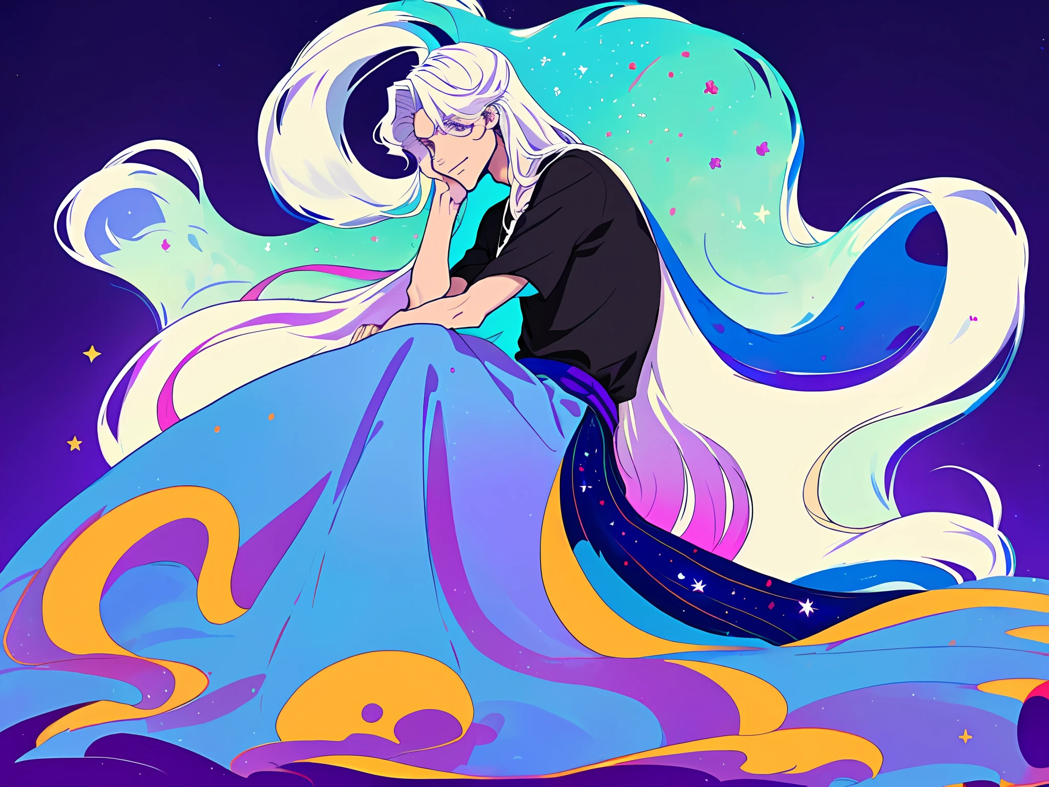 ((masterpiece)),(((best quality))),(character design sheet, same character, front, side, back), illustration, 1 male, hair color white, long hair, hairstyle long flowy, eyes purple, environment change scene, Hairstyle Fax, Pose sitting, Female, Casual outfit, Star, Charturnbetalora, (simple background, white background: 1.3), --6