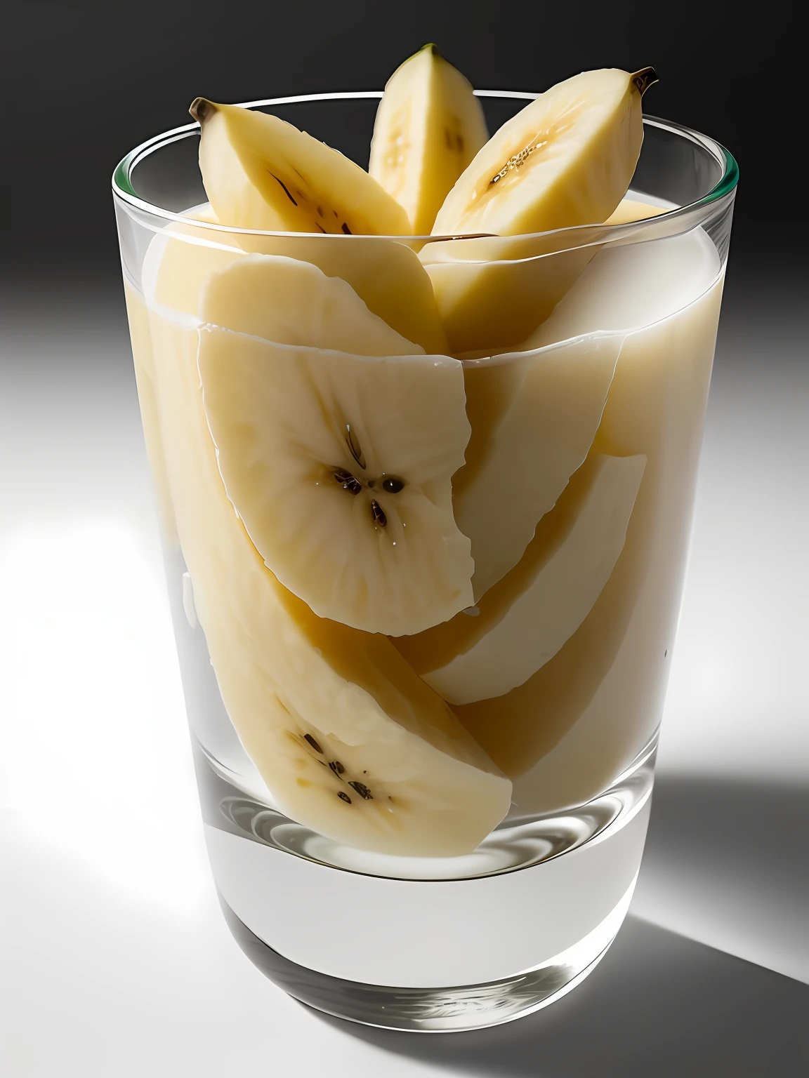 product photography of 10 small bananas falling into a glass of milk, intricate, epic, highly detailed, vibrant, food photography, epic rendering, octane, highlight lights, (backlighting: 1.3), (cinematics: 1.3), complex details, (Art Station: 1.3)