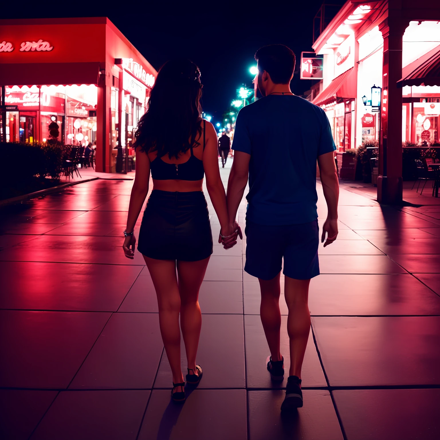 walking hand in hand on a street of the night, vibrant lights of various colors and good lighting, LoRA carlosethais