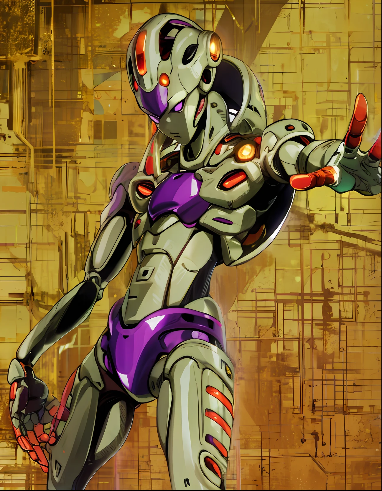 humanoid, purple colors, golden body, orange fingers, expressionless, gold aura, hd, highres