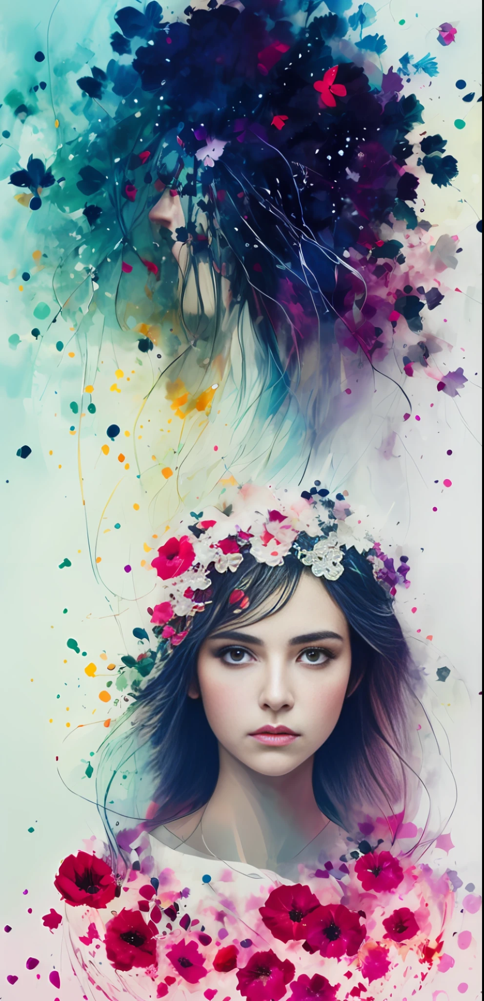 A Woman by Agnes Cecile, luminous design, soft co lours, ink drops, autumn lights, ink drops, girl upper figure, 4K, colorful, with flowers, best quality, masterpiece