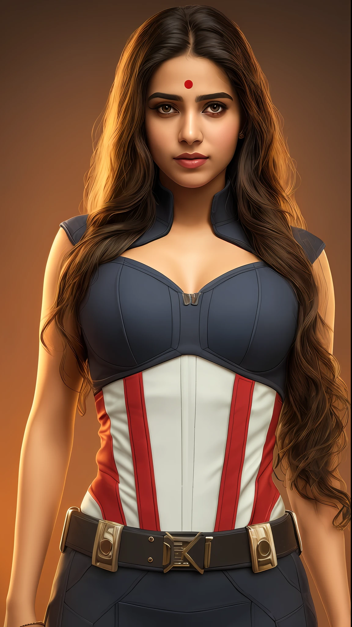 . .Tarantino style indian cute girl as Captain America 8k, high definition, extremely detailed face, round face, black hairs, detailed face, detailed eyes, detailed suit, in style of marvel and dc, hyper-realistic, bigger boobs+ cinematic shot + dynamic composition, incredibly detailed, sharpen, details + superb details + evening with light + perfectionism + award winning realism ((moody lighting)), twin braided, bindi on forehead,