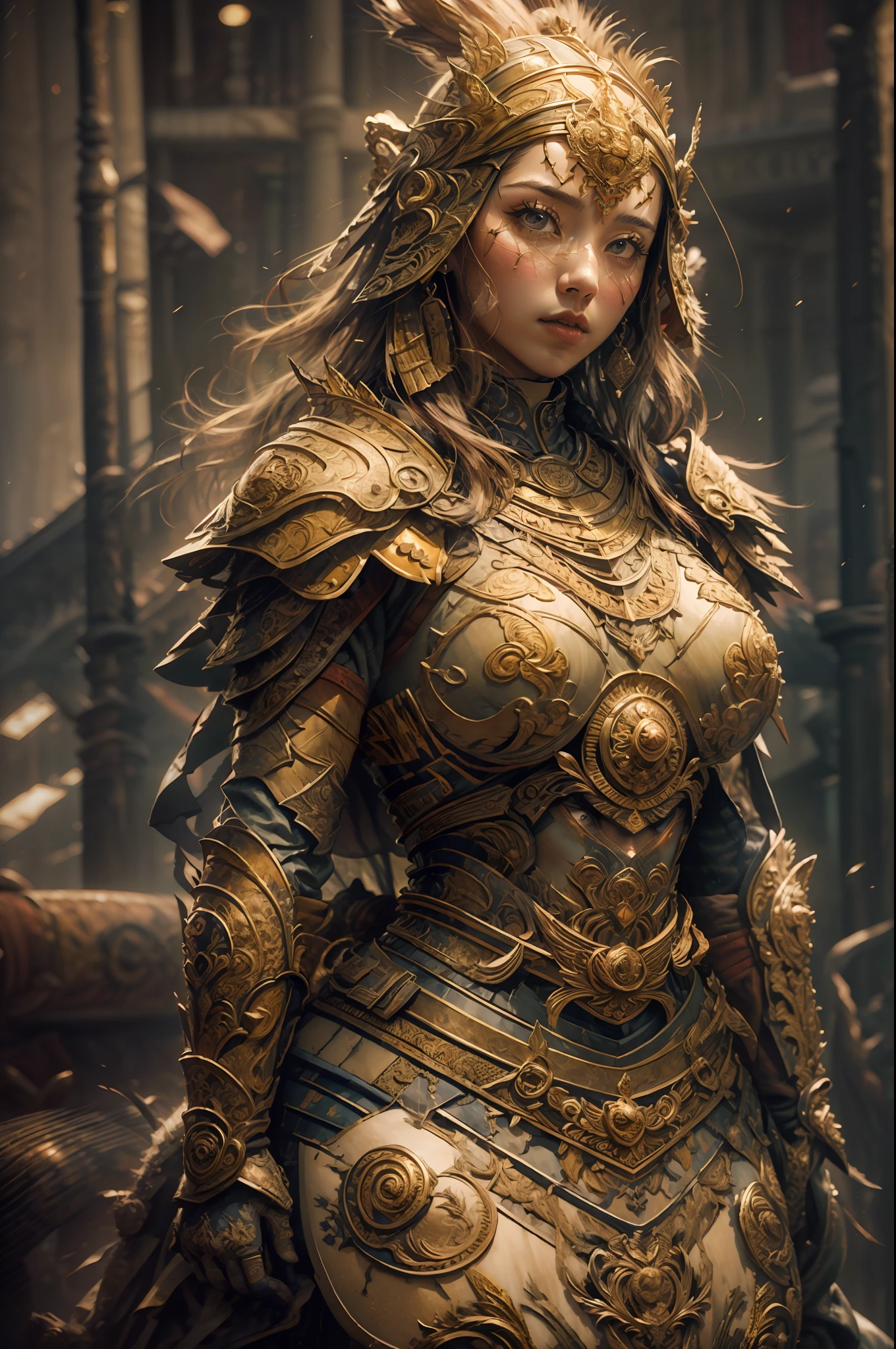 ((masterpiece))), (((best quality))), ((ultra-detailed)), (hyperrealistic), (highly detailed CG illustration), cinematic light, photorealistic ,extremely beautiful young lady, light makeup, big breast, intricate detailed eaba, red cape, spear