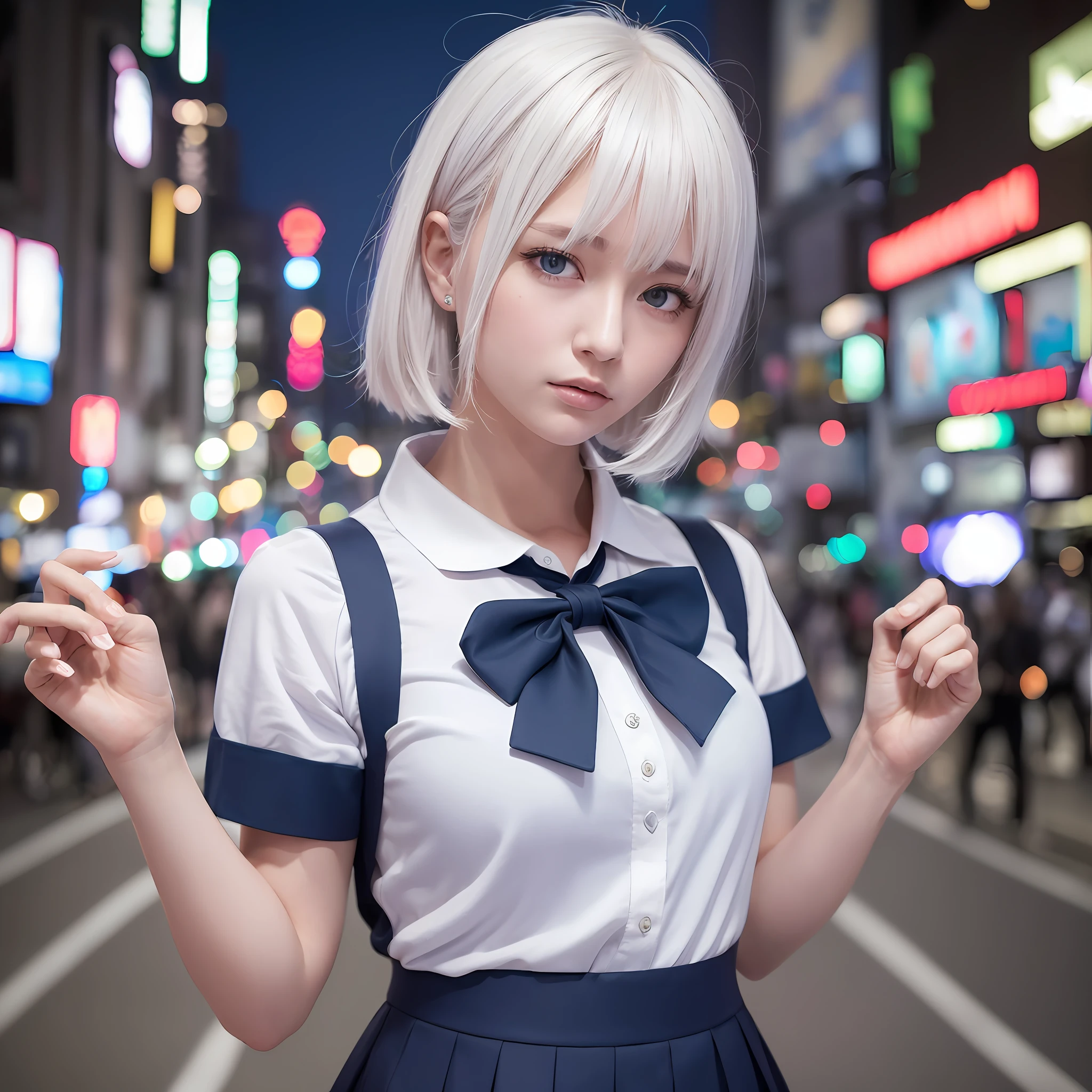 (8k, RAW photo, best quality, masterpiece:1.3),(realistic,photo-realistic:1.37),(night),(looking at viewer:1.331),(white hair),posing,Tokyo street,nightcityscape, cyberpunk city,soft light,1girl,extremely beautiful face,bust,put down hands,Random hairstyle,Random expression,big eyes, ,lower abdomen,(short-sleeved .JK_shirt),JK_style,(dark blue JK_skirt) ,(bow JK_tie), --auto --s2