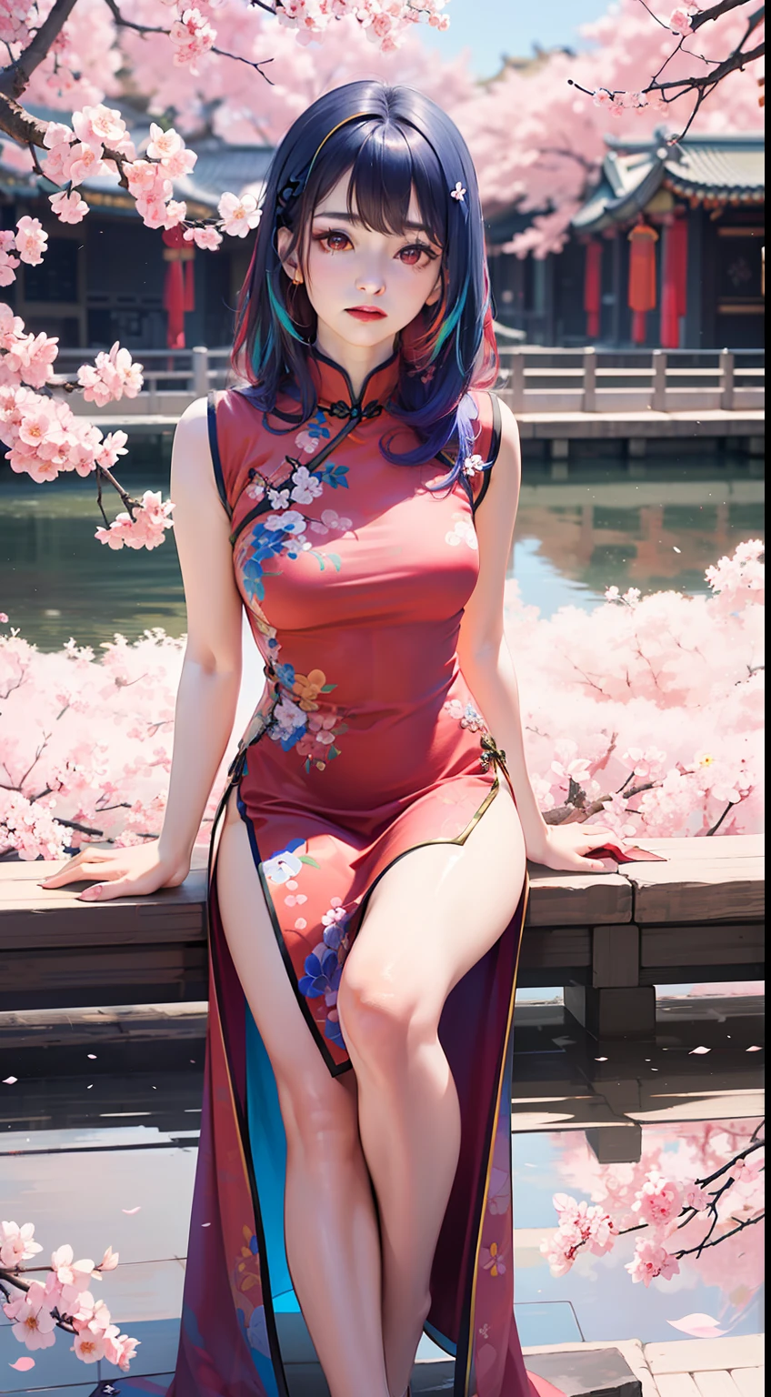 (best quality, masterpiece:1.2), (realistic, photorealistic:1.25), an extremely delicate and beautiful photo, extremely detailed, highres, solo, 1 lady,Beautiful face, (young beauty, adult,) little shy cute face, arms behind back, (beautiful detailed shiny (red:1.1) eyes,) beautiful detailed face and skin, style-bridal, (between thighs:1.2), (full body:1.3), partially immersed in flower, natureal light reflection, professional studio lighting, soft light on the face, camera 50mm f0.8 lens, depth of field, lifelike, falling sakura blossoms, falling plum blossoms, (colorful hair:1.8),(china dress:1.5),