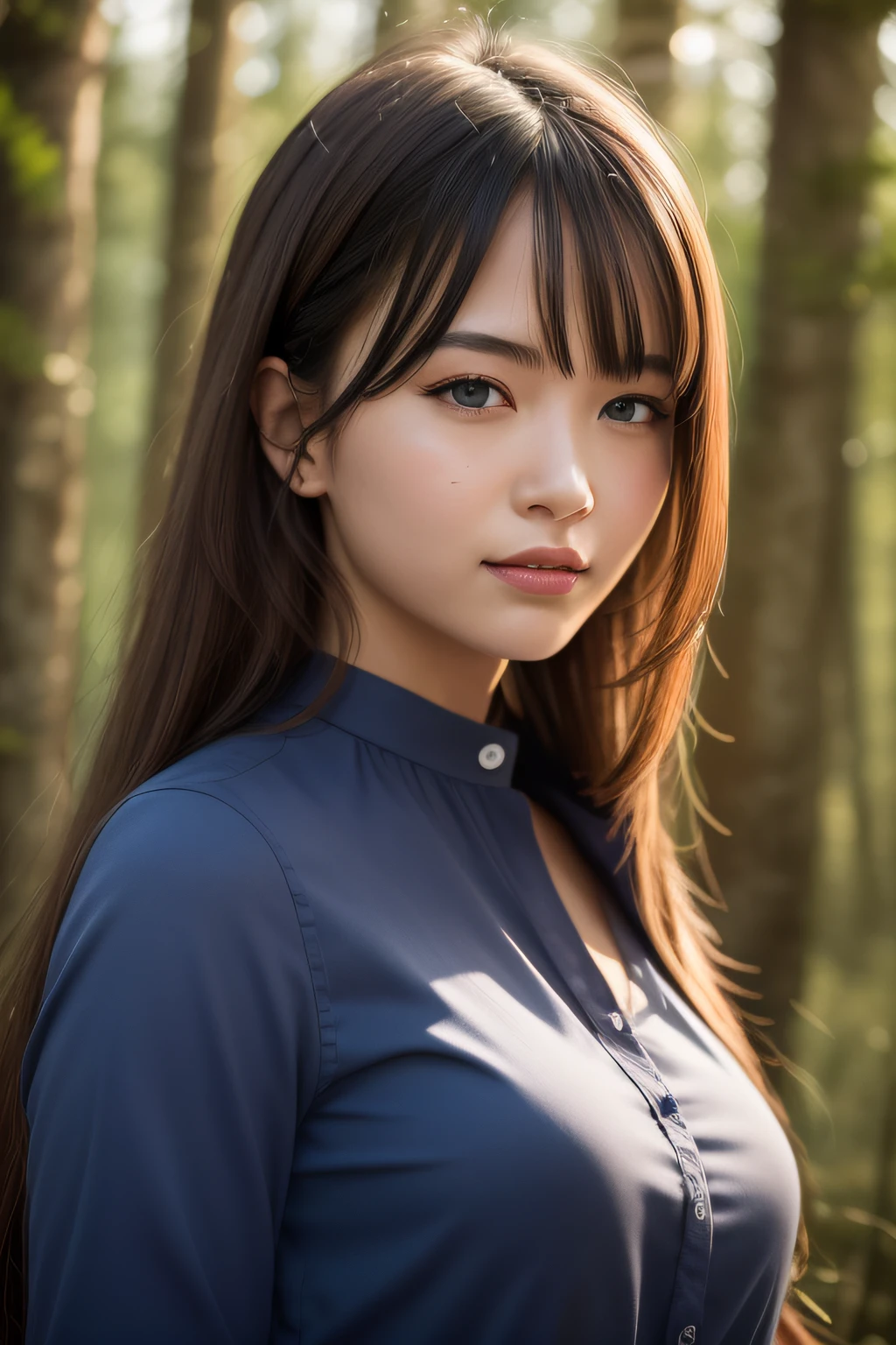(8k, best quality, masterpiece: 1.2), (realistic, realistic: 1.37), super detailed, 1 girl, cute, solo, beautiful detailed sky, forest, night, sitting, (nose blush), (smile): 1.15), (shut up), mid-chest, beautiful delicate eyes, (collar shirt: 1.1), night, wet professional wear, rain, (long hair: 1.2), pureerosface_v1, forest, finger details, beautiful delicate face,
