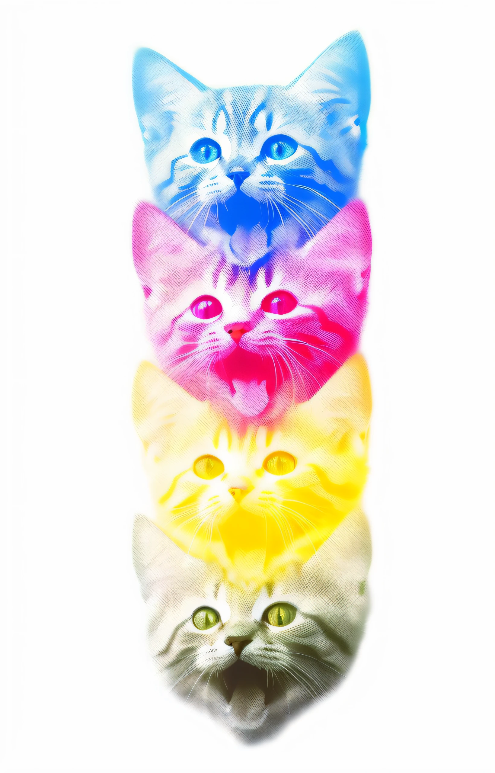 there are four cats that are all different colors together, !!! cat!!!, happy cat, !!!! cat!!!!, smileeeeeee, beautiful neon cats, cute colorful adorable, cmyk, cmyk portrait, catss, high resolution print :1 cmyk :1, cat. digital painting, cute cat photo, 4 colors!!!, CMYK!!!, the cat is smiling --auto