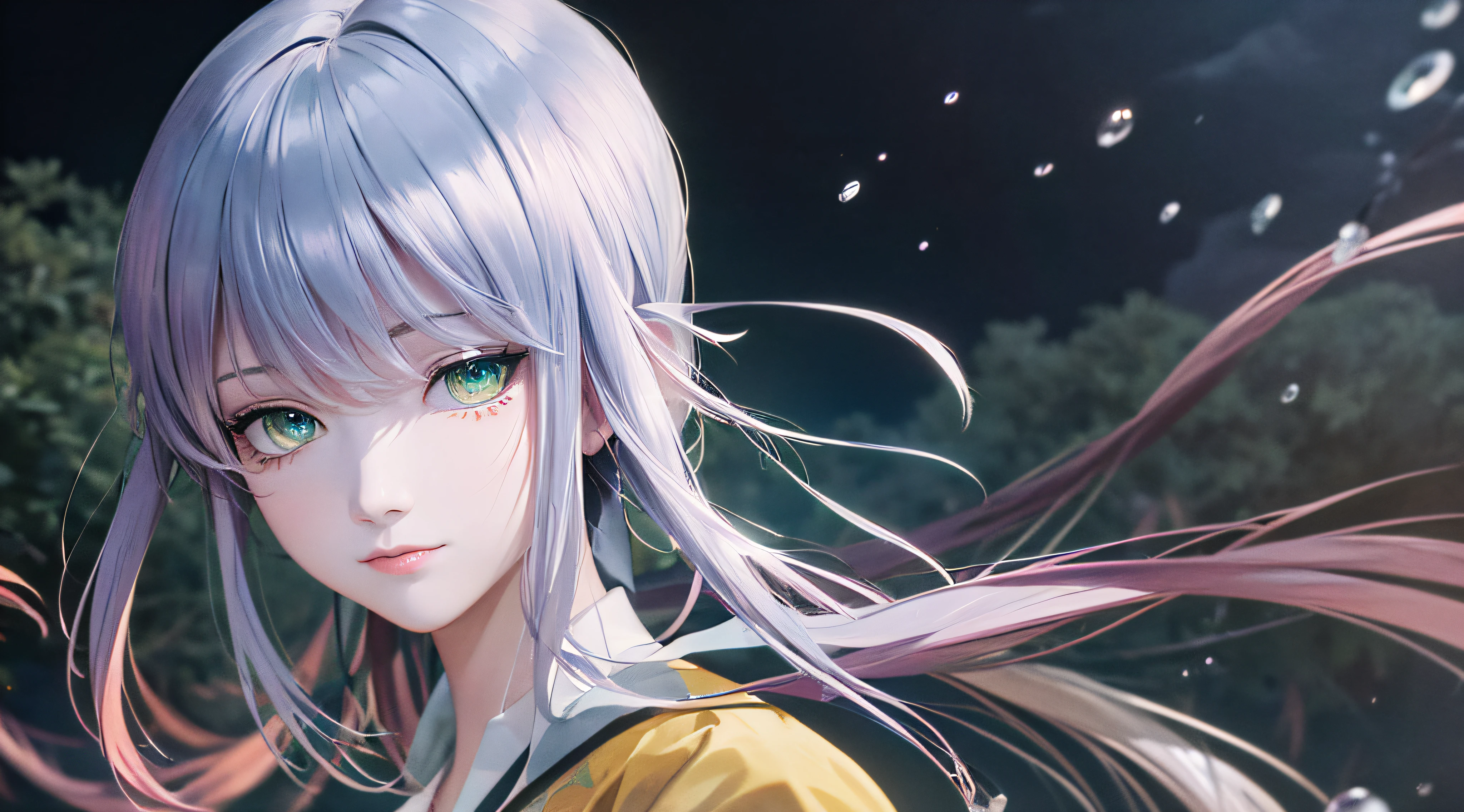 "delicate and detailed masterpiece, highest quality, ultra-detailed CG unity 8k wallpaper of a beautiful girl with blue eyes, adorned in multicolored hair (1.3x for silver hair: red hair: purple hair: yellow hair: green hair), wearing white wuxia clothes and a neck ribbon. The scene is surrounded by too many drops of water, with clouds in the twilight backdrop, giving a watercolor-like effect." --auto