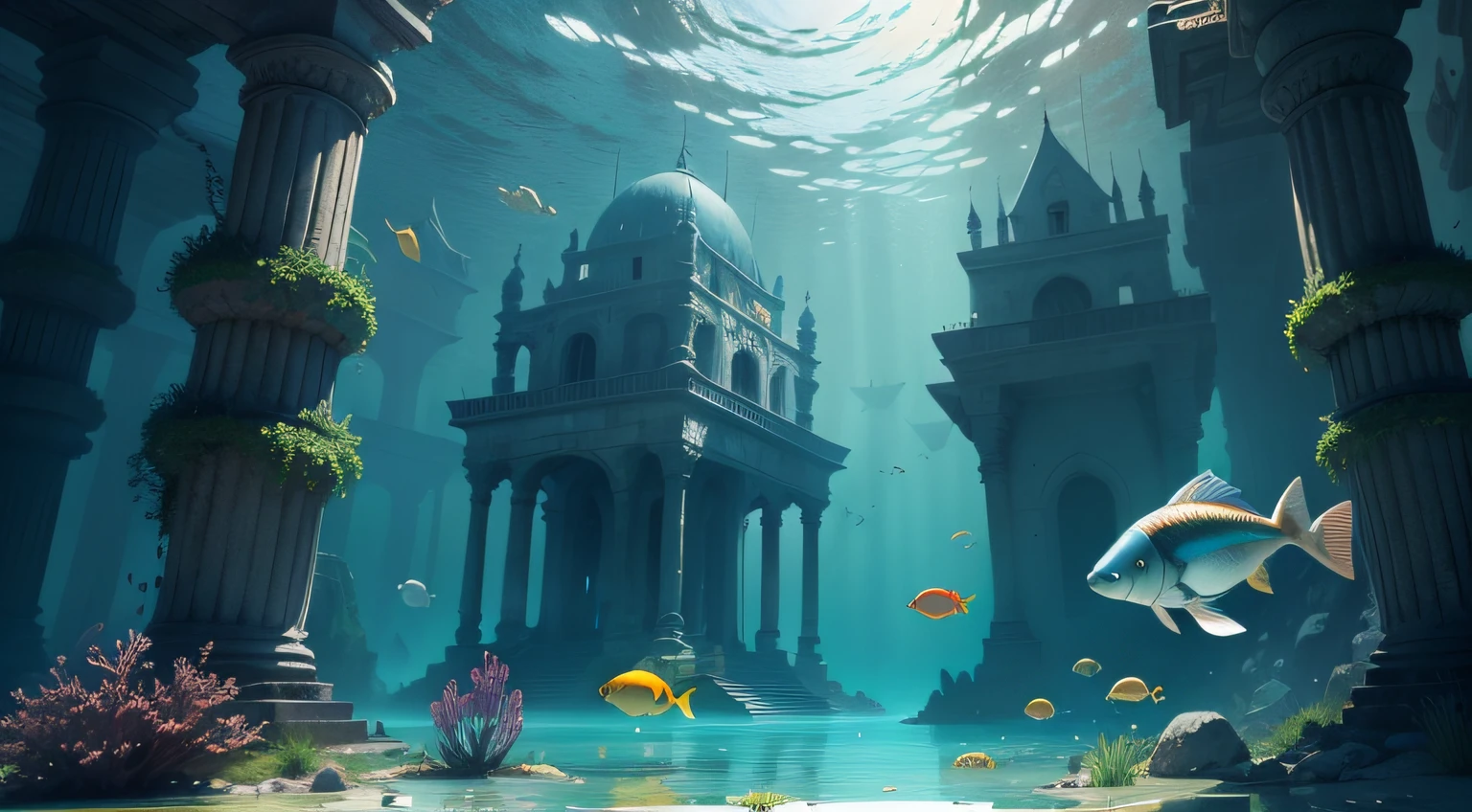 beautiful ancient city underwater, high quality, high definition