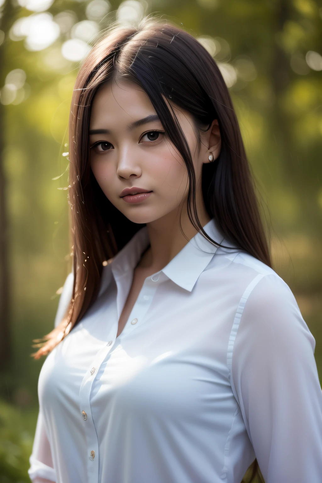 (8k, best quality, masterpiece: 1.2), (realistic, realistic: 1.37), super detailed, 1 girl, cute, solo, beautiful detailed sky, forest, night, sitting, (nose blush), (smile): 1.15), (shut up), mid-chest, beautiful delicate eyes, (collar shirt: 1.1), night, wet professional wear, rain, (long hair: 1.2), pureerosface_v1, forest, finger details, beautiful delicate face,