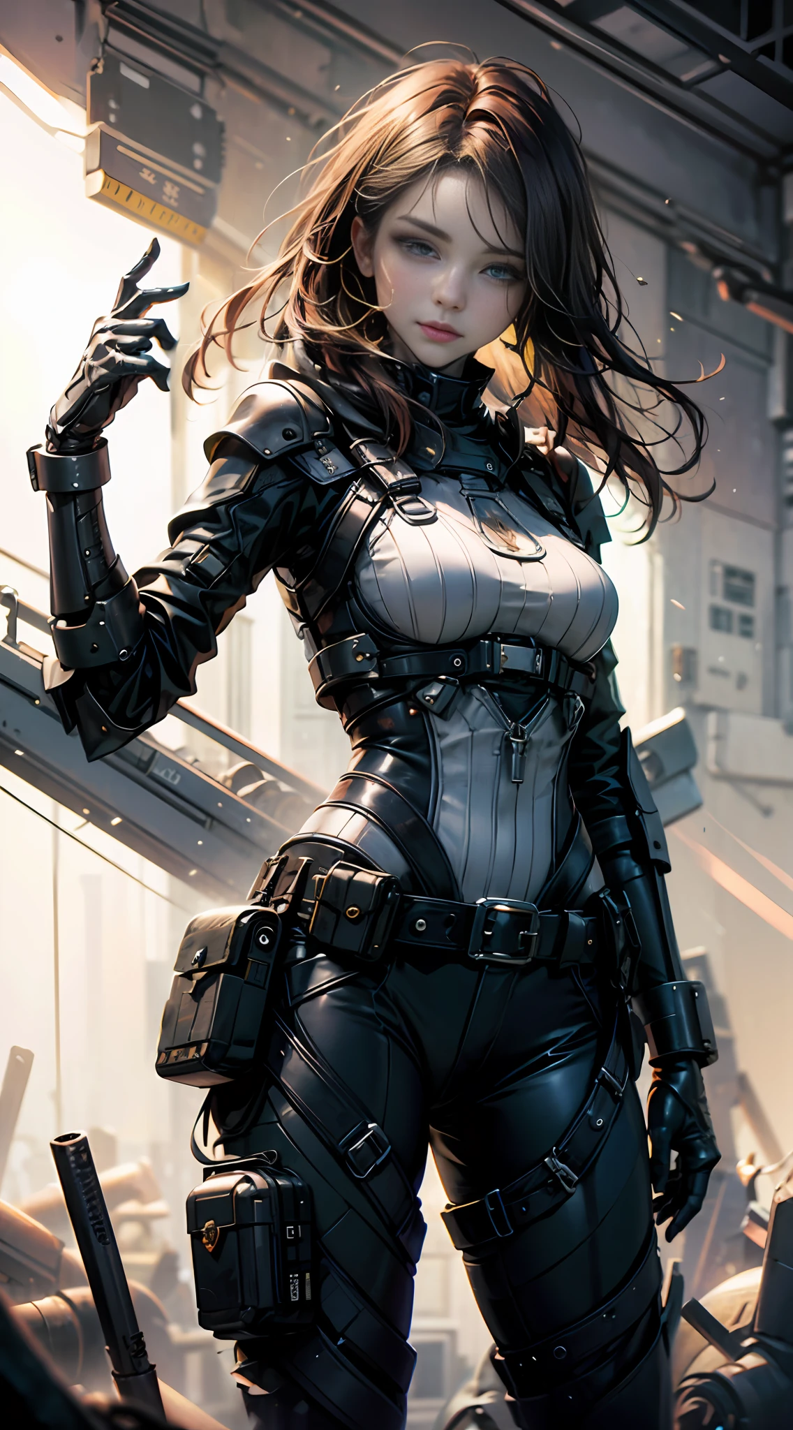 Cata: Similar To Miranda Kerr & a perfect face & Wearing white cyberpunk & full armor with pants & Tall & Slender & pale skin & Dark Brown Hair That Cascades To Her Shoulders & Ultra-Detailed Hazel Eyes & Hourglass Figure