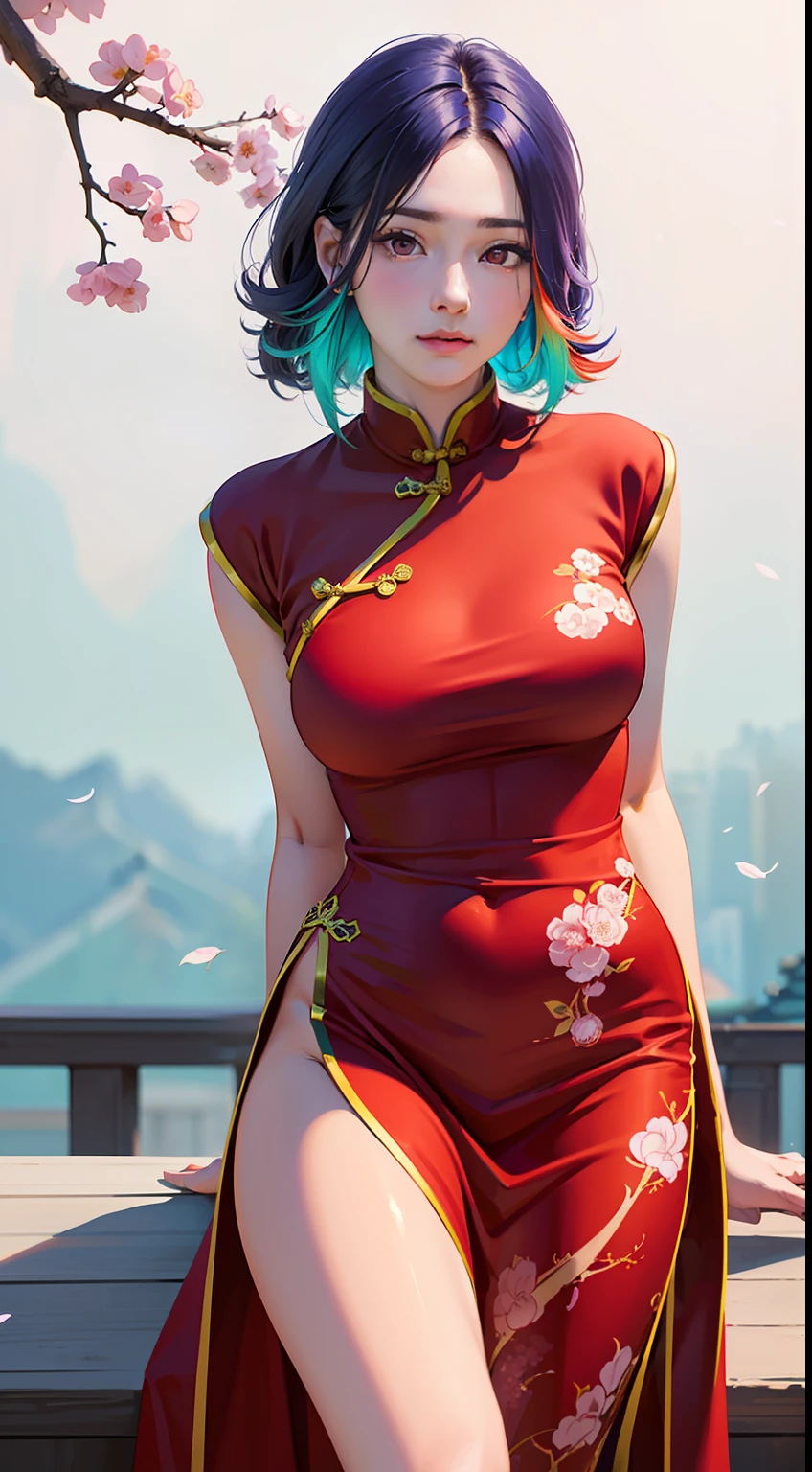 (best quality, masterpiece:1.2), (realistic, photorealistic:1.25), an extremely delicate and beautiful photo, extremely detailed, highres, solo, 1 lady,Beautiful face, (young beauty, adult,) little shy cute face, arms behind back, (beautiful detailed shiny (red:1.1) eyes,) beautiful detailed face and skin, style-bridal, (between thighs:1.2), (full body:1.3), partially immersed in flower, natureal light reflection, professional studio lighting, soft light on the face, camera 50mm f0.8 lens, depth of field, lifelike, falling sakura blossoms, falling plum blossoms, (colorful hair:1.8),(china dress:1.5),