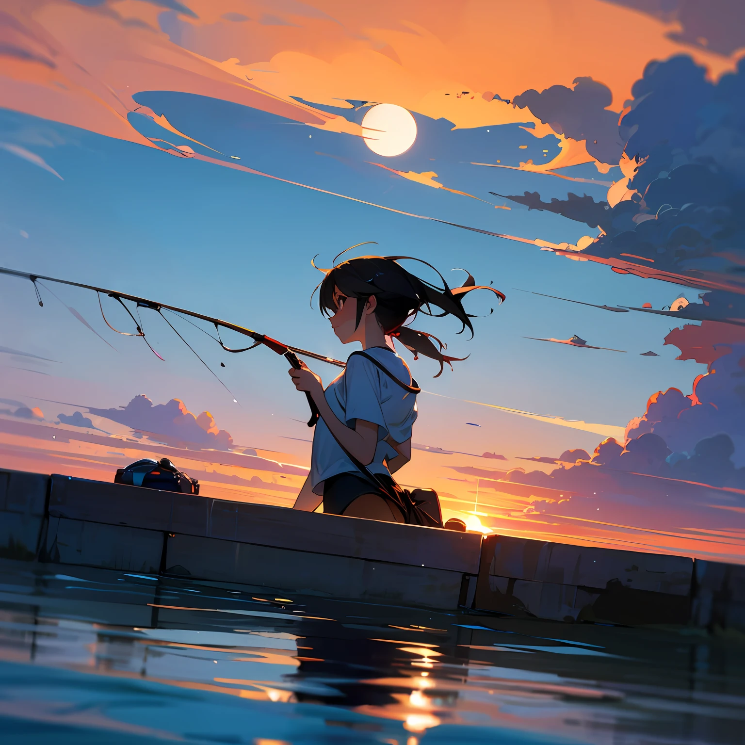 Beautiful woman swimming fishing in the sunset --auto