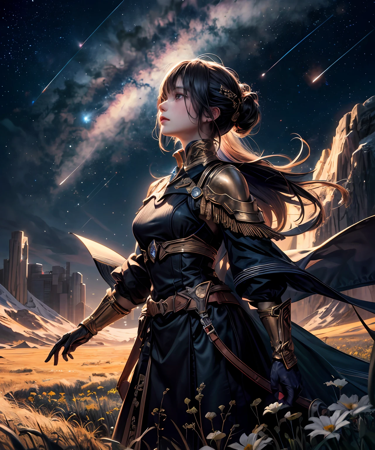 official art, unity 8k wallpaper, ultra detailed, beautiful and aesthetic, masterpiece, best quality, atmospheric, Celestial meadow with starlit grass and cosmic blooms., Angles, background light,