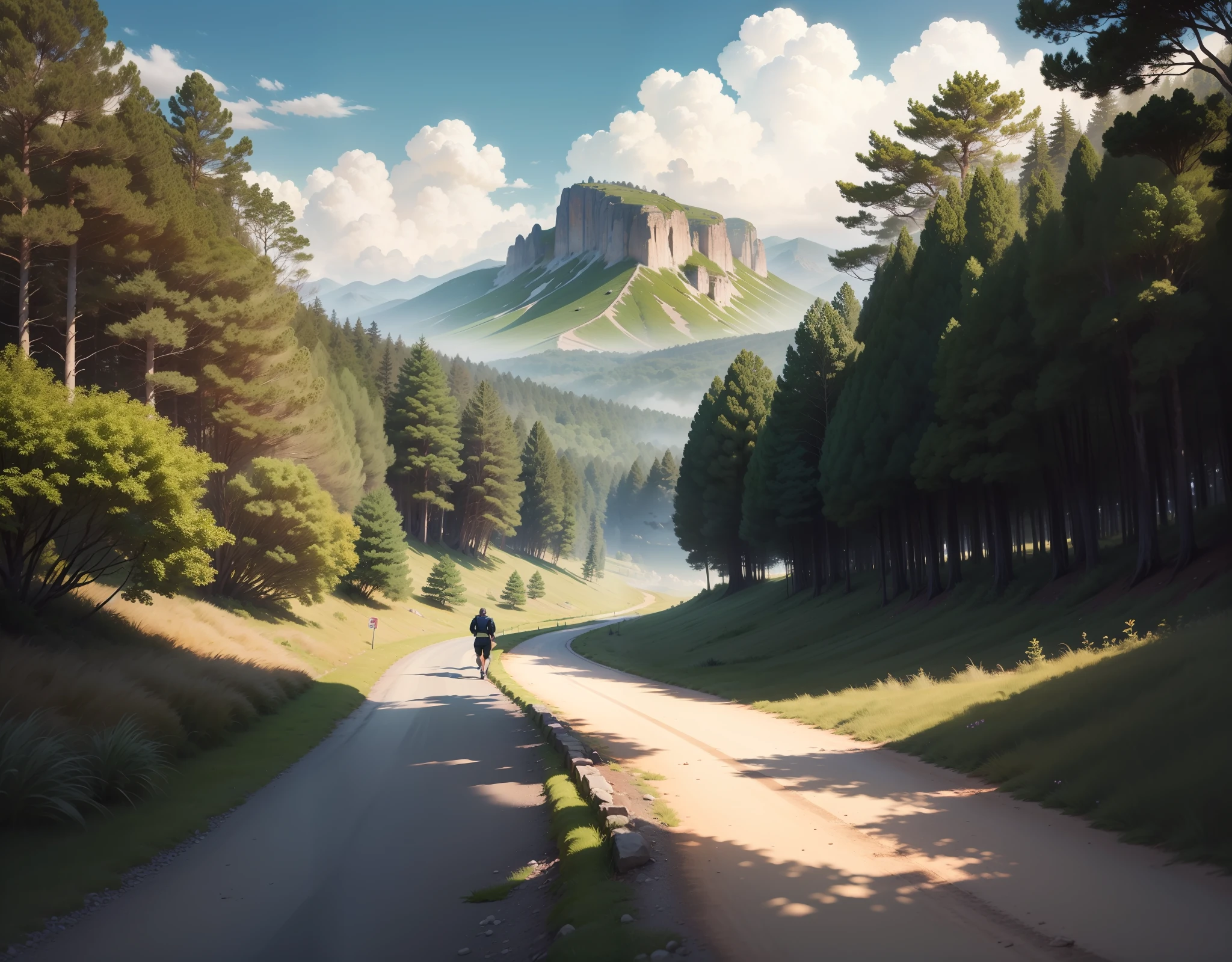 man, landscape, nature, mountains, paths, path, path to heavens, palm trees, alone, alone, straight path, natural view, divine, clouds, cloud, heavens, sky, sun, detailed sky, path to, back, manly, manly, manly, vigorous, strong, well dressed, tunic, decent, walk, run, path, beauty path, life path, nature, beautiful place, paradise, back, walking, sky, God, Heavens, nature, nature, forest, forests, straight path, towards the heavens, heavenly, looking straight path, towards photorealism, photorealistic, ultra hd, 4k, detailed textures, futuristic colors, detailed colors,