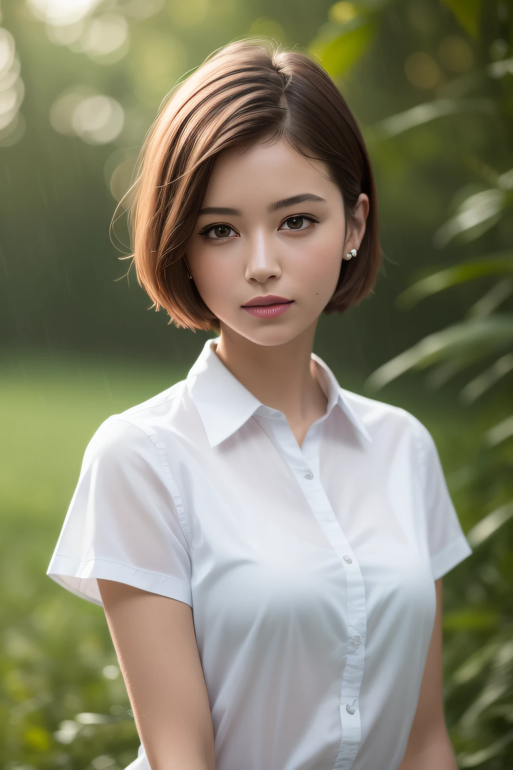 (8k, best quality, masterpiece: 1.2), (realistic, realistic: 1.37), super detailed, 1 girl, cute, solo, beautiful detailed sky, forest, night, sitting, (nose blush), (smile): 1.15), (shut up), mid-chest, beautiful delicate eyes, (collar shirt: 1.1), night, wet professional wear, rain, (short hair: 1.2), pureerosface_v1, forest, finger details, beautiful and meticulous face,