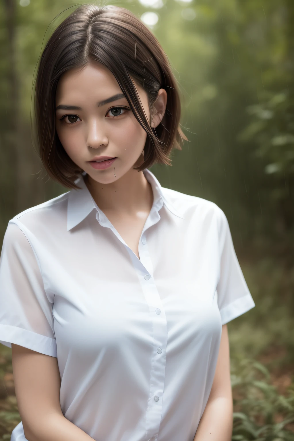 (8k, best quality, masterpiece: 1.2), (realistic, realistic: 1.37), super detailed, 1 girl, cute, solo, beautiful detailed sky, forest, night, sitting, (nose blush), (smile): 1.15), (shut up), mid-chest, beautiful delicate eyes, (collar shirt: 1.1), night, wet professional wear, rain, (short hair: 1.2), pureerosface_v1, forest, finger details, beautiful and meticulous face,